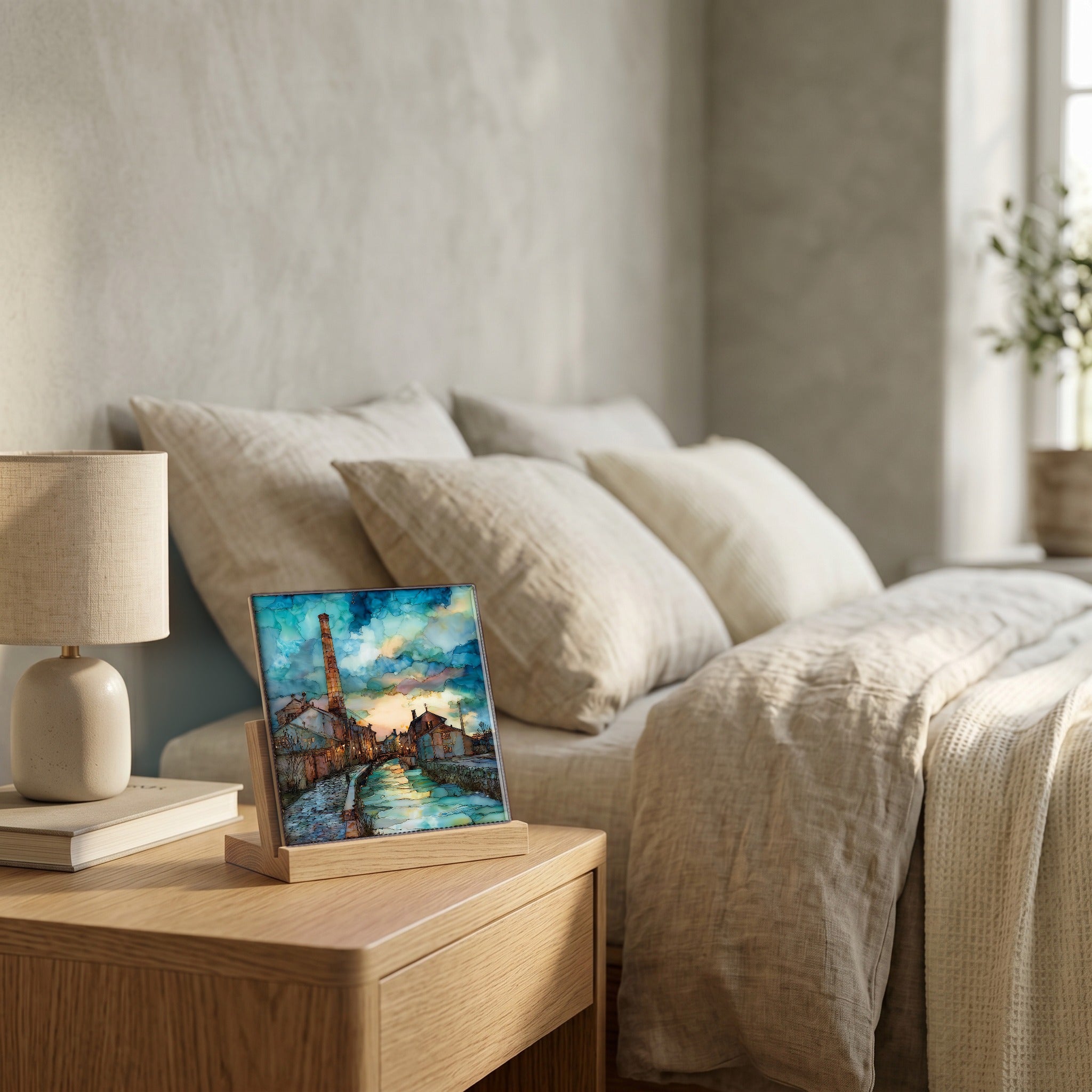On the nightstand, on a light oak stand.