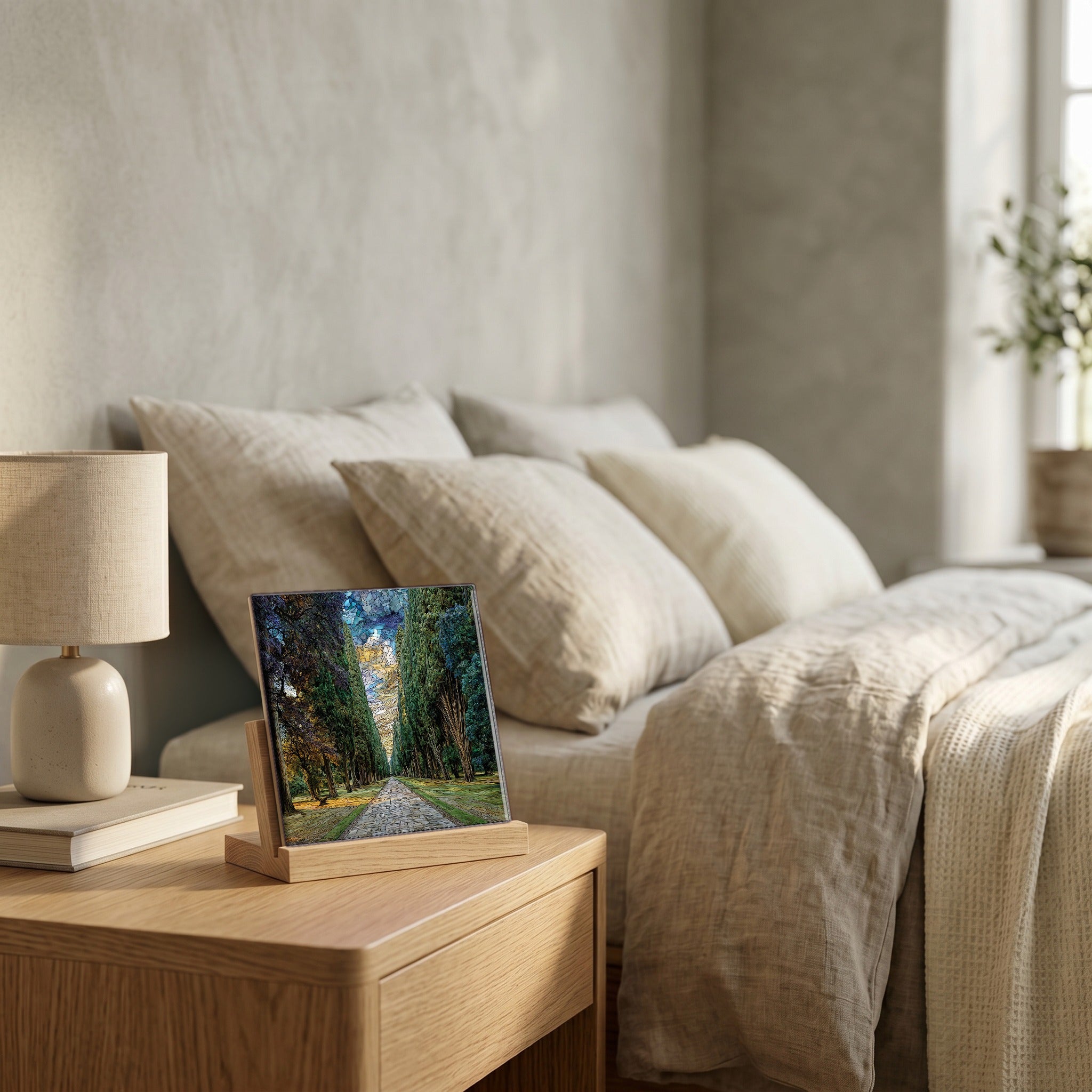 On the nightstand, on a light oak stand.
