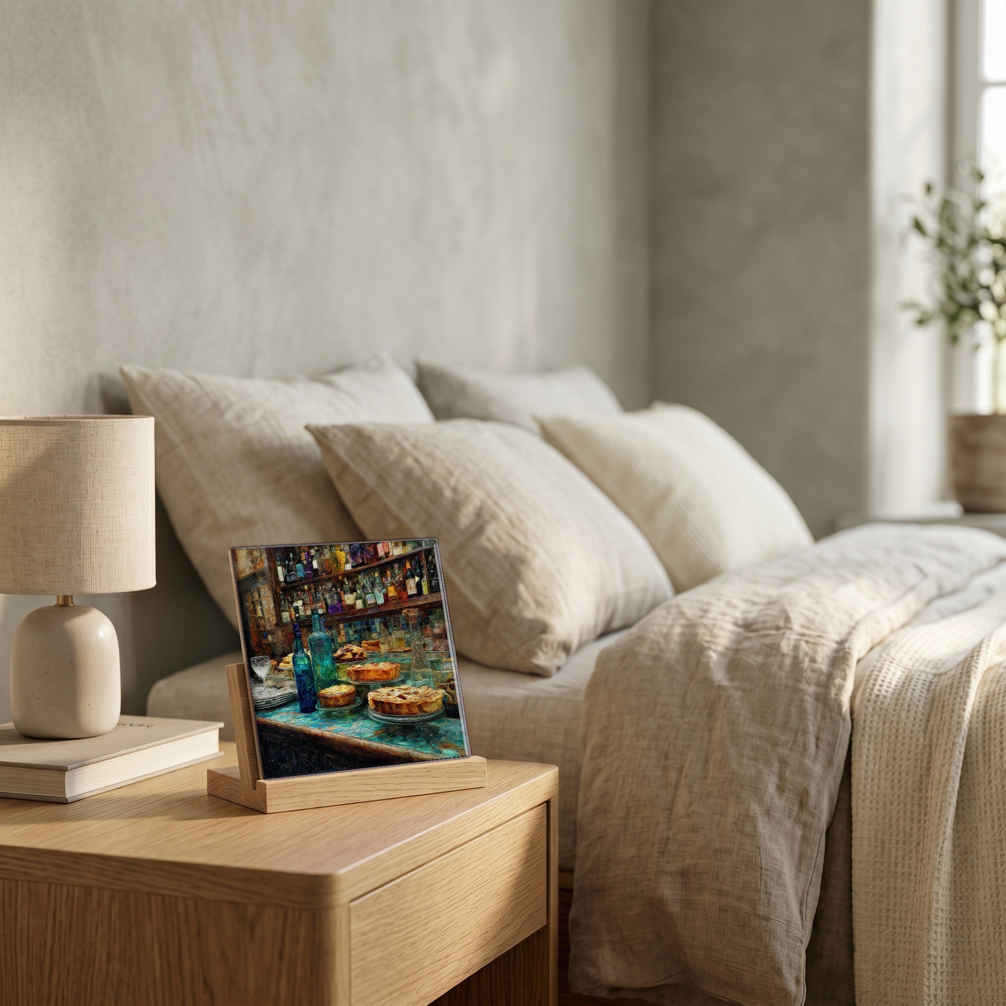 On the nightstand, catching the morning.