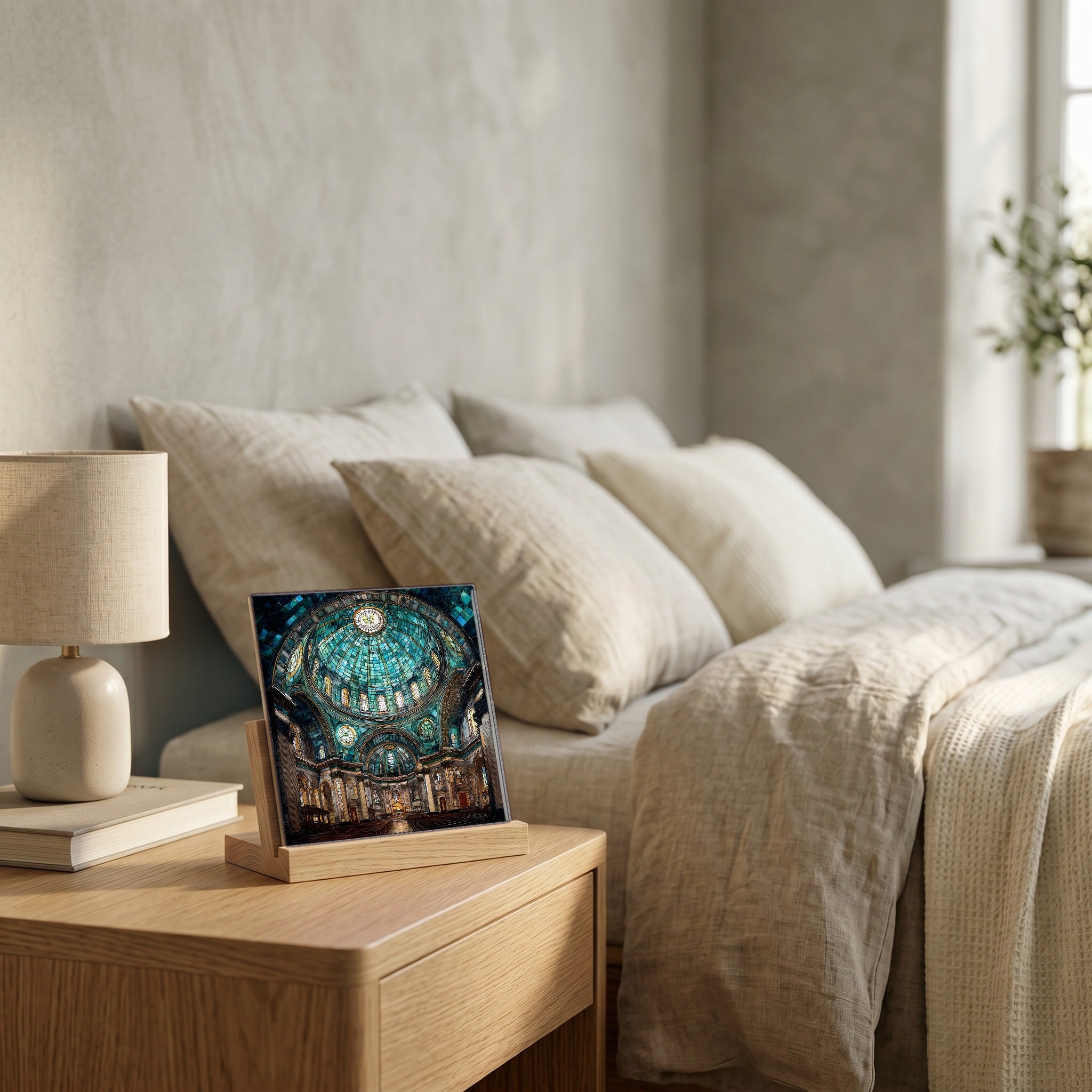 On the nightstand, catching the morning.