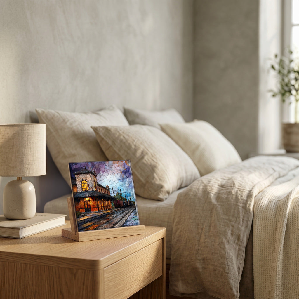 On the nightstand, catching the morning.