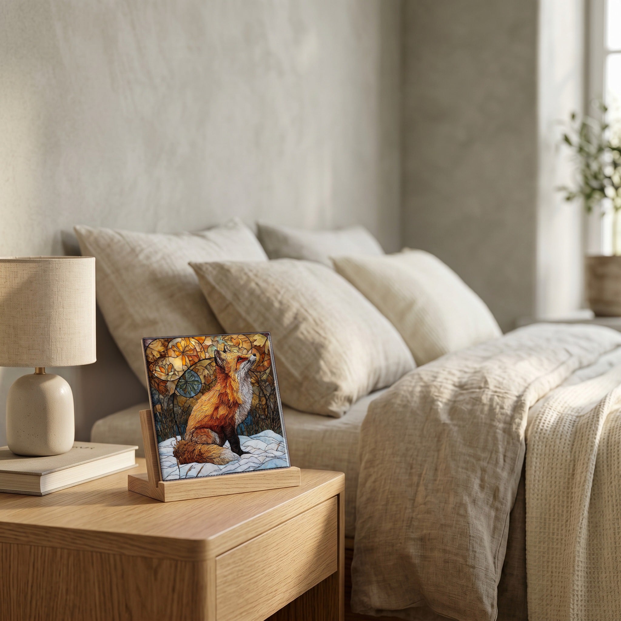 On the nightstand, catching the morning.
