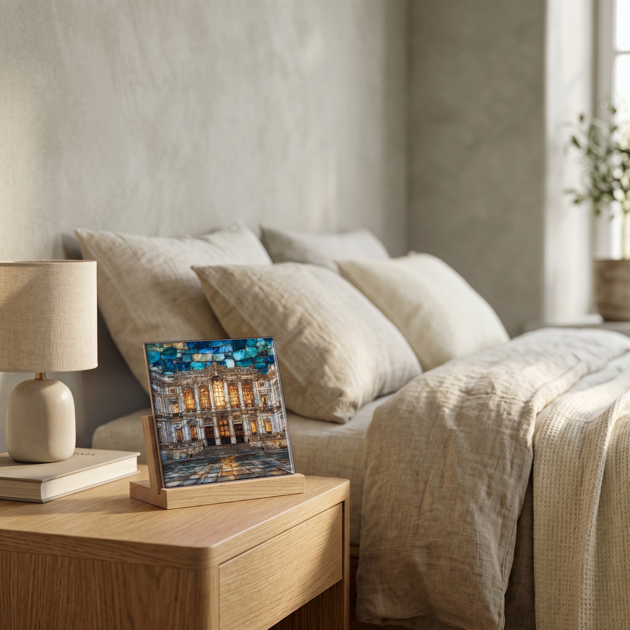 On the nightstand, catching the morning.