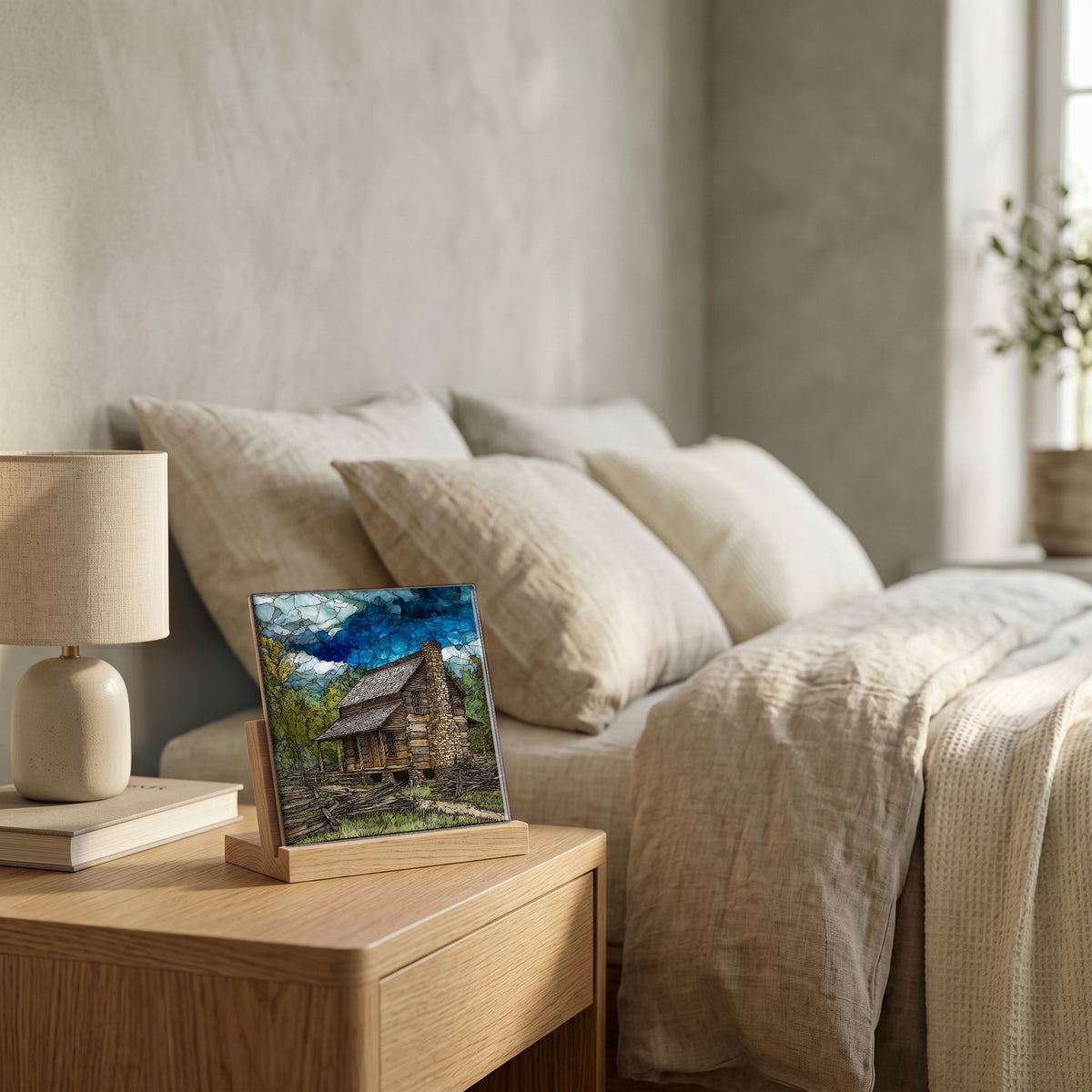 On the nightstand, catching the morning.