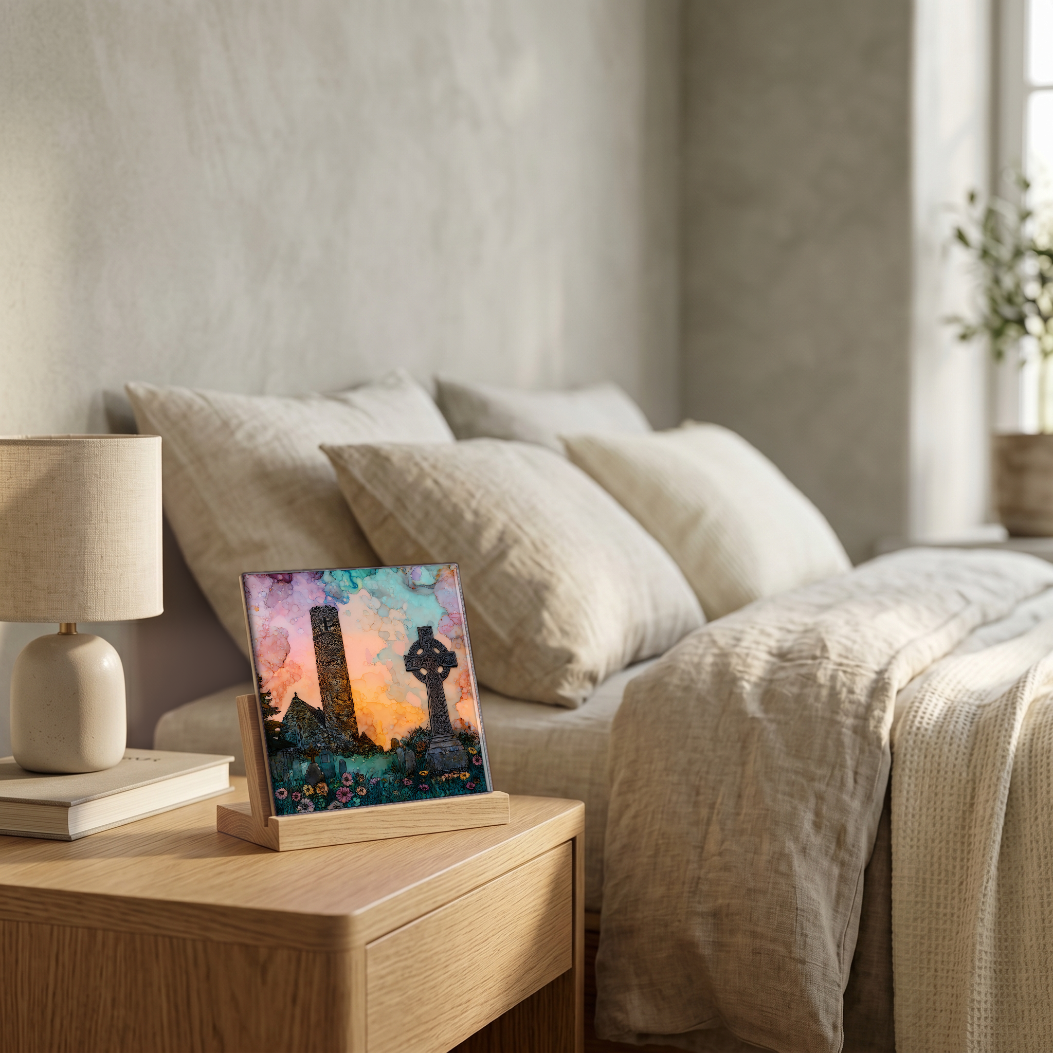 On the nightstand, on a light oak stand.