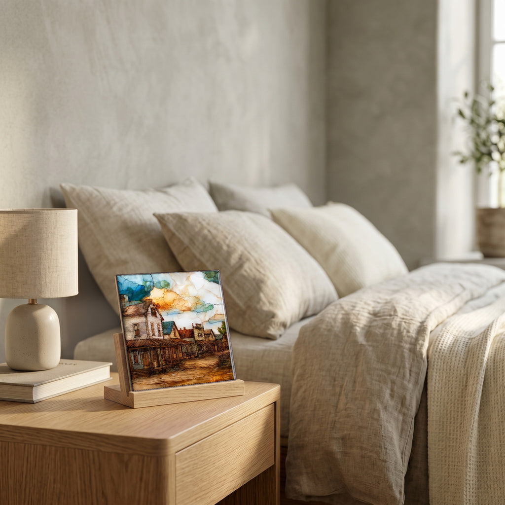 On the nightstand, catching the morning.
