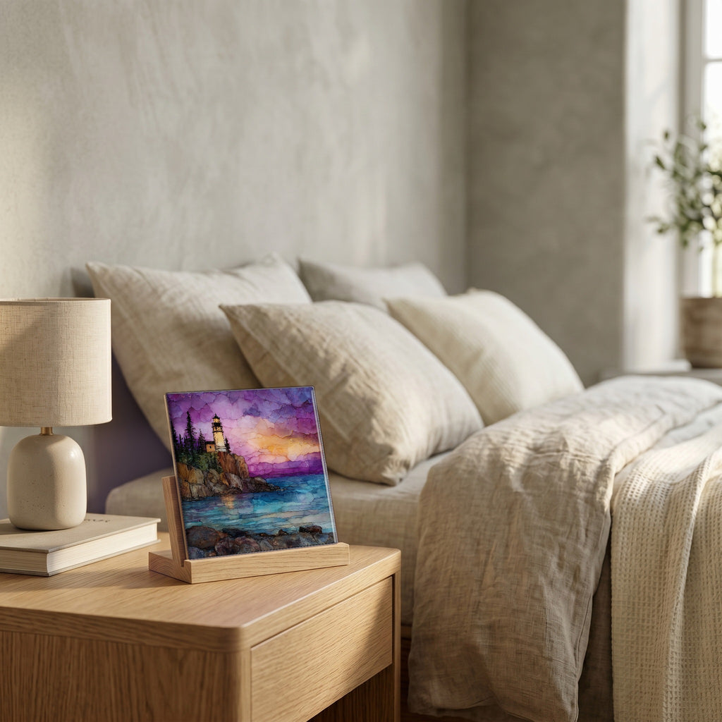 On the nightstand, catching the morning.