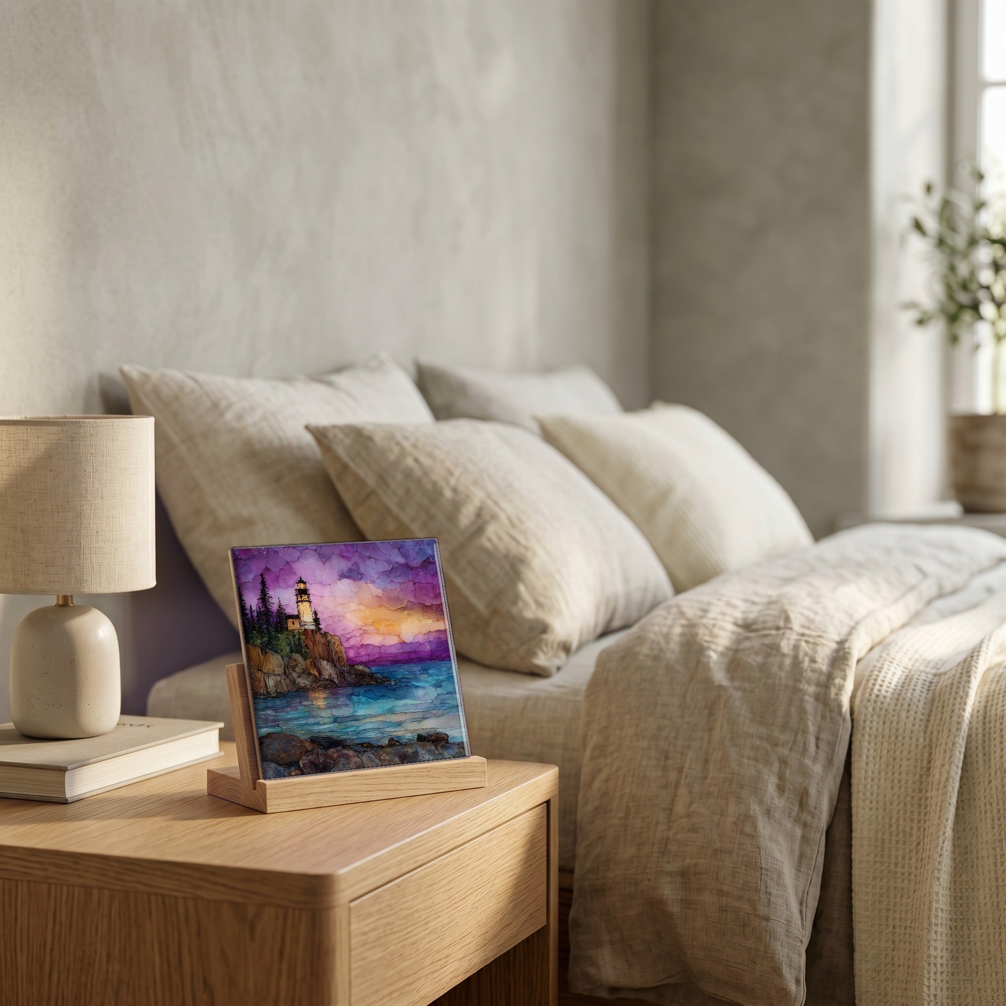 On the nightstand, catching the morning.
