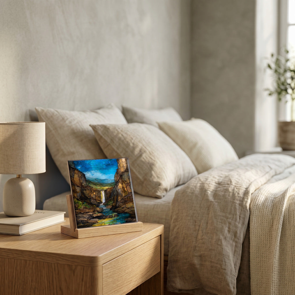 On the nightstand, catching the morning.