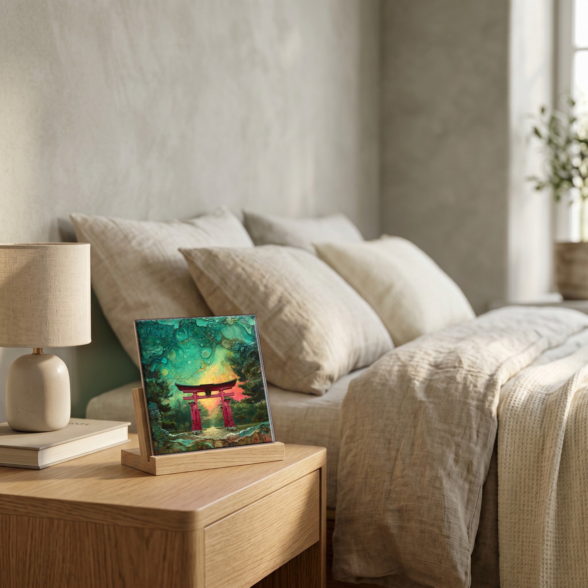 On the nightstand, catching the morning.