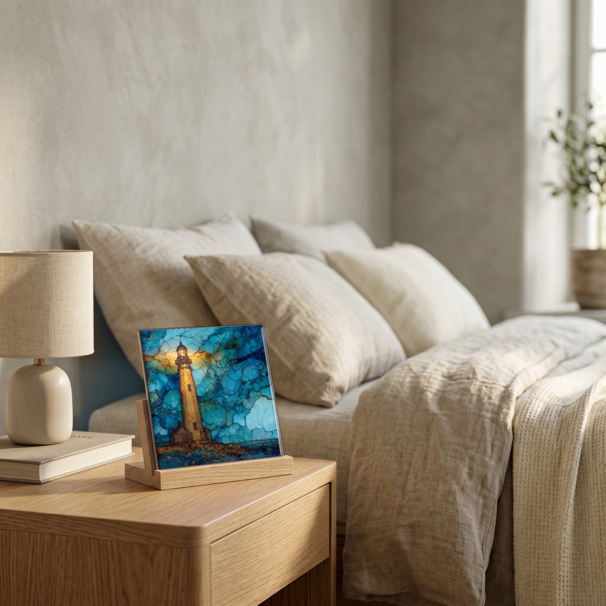 On the nightstand, on a light oak stand.
