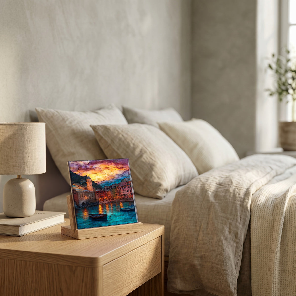 On the nightstand, on a light oak stand.