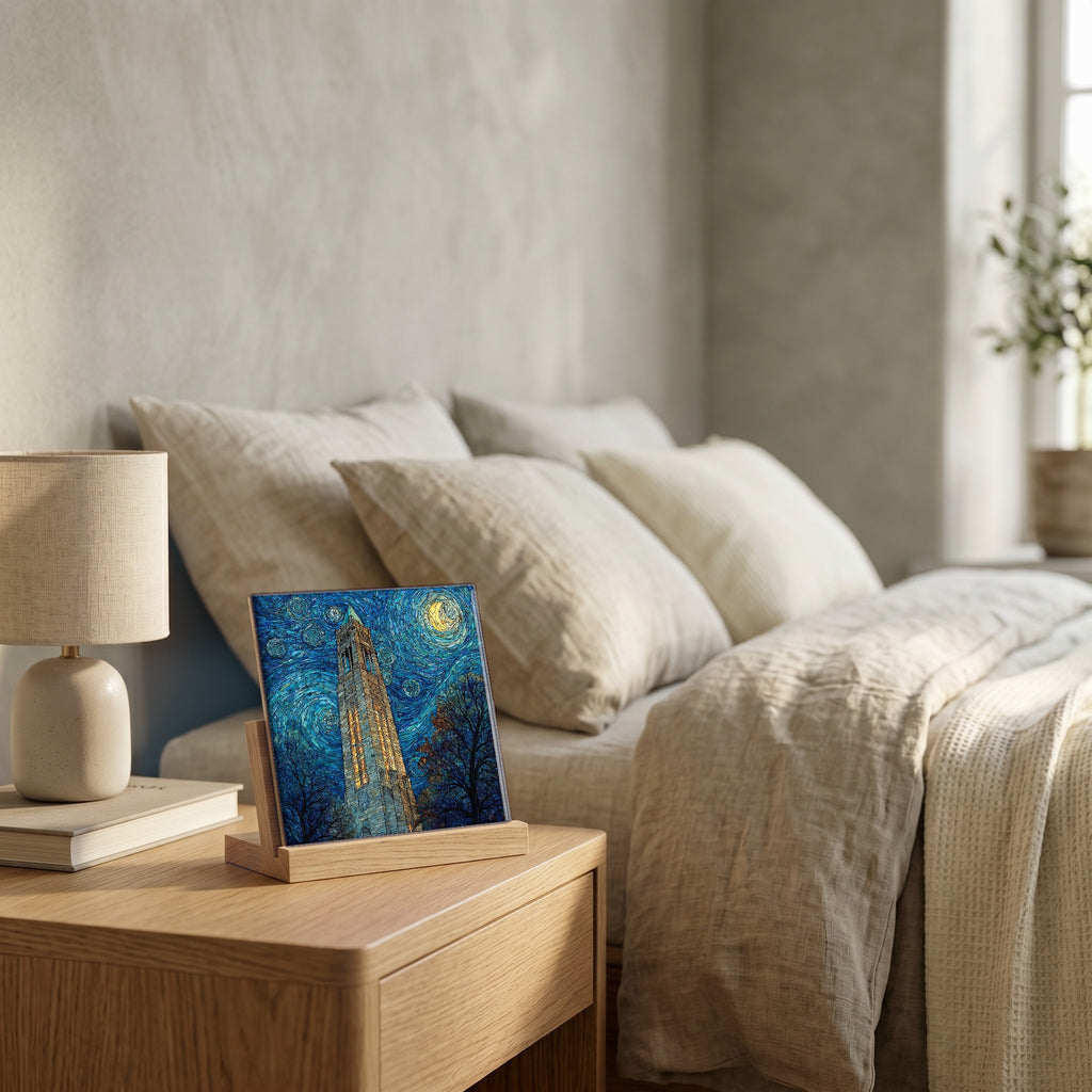 On the nightstand, catching the morning.