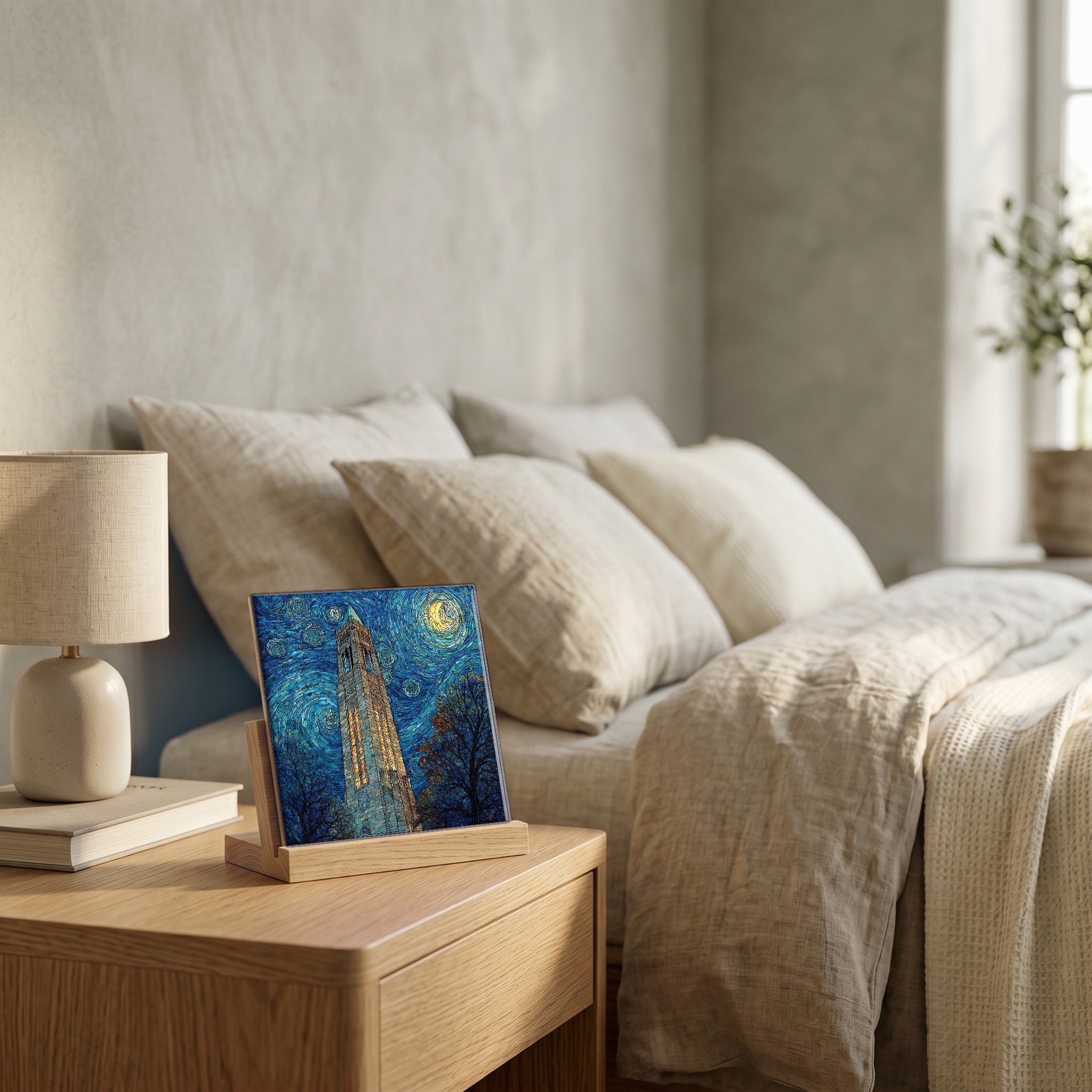 On the nightstand, catching the morning.
