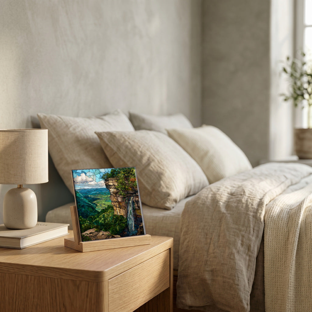 On the nightstand, catching the morning.