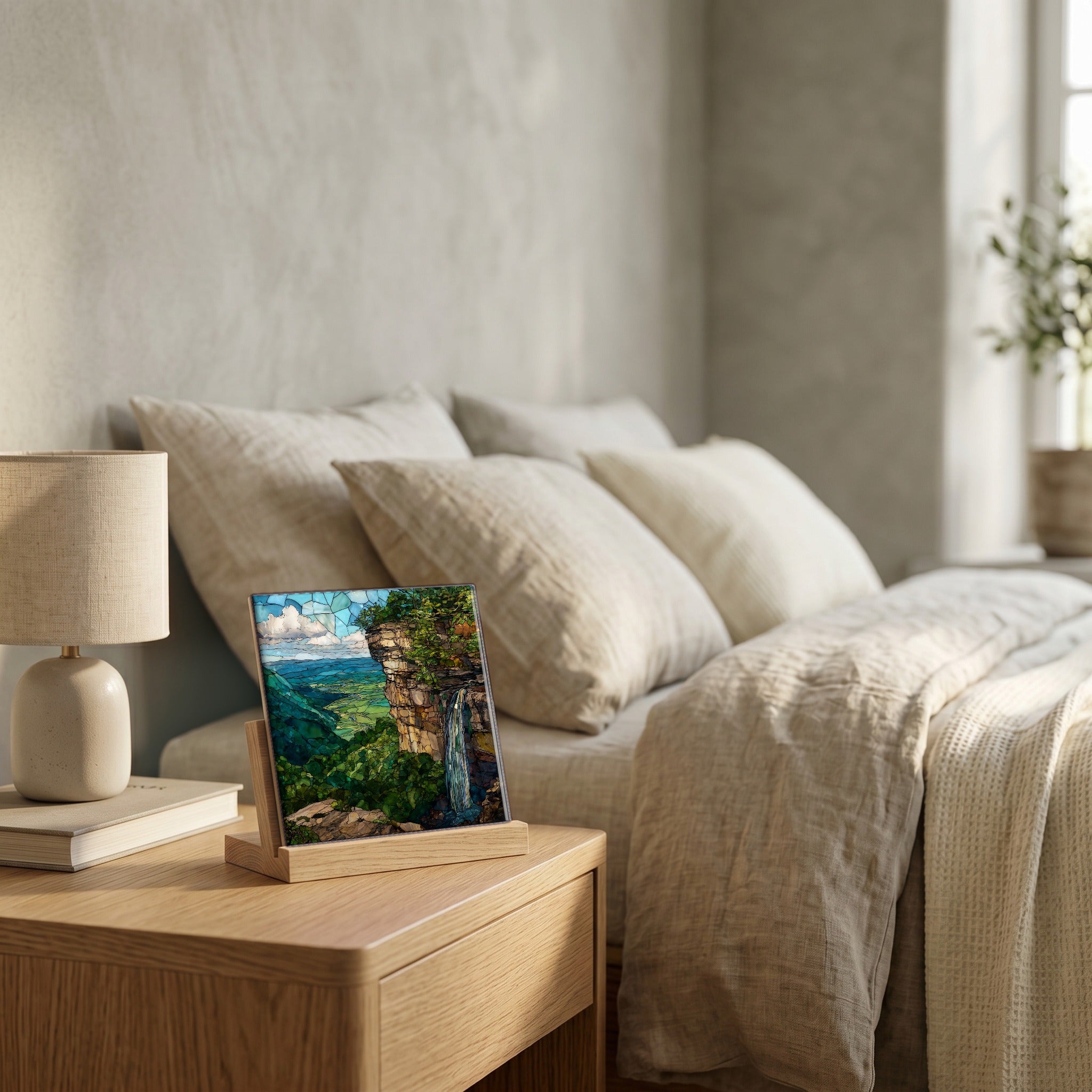 On the nightstand, catching the morning.