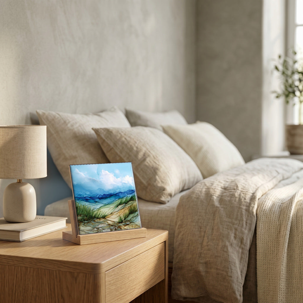 On the nightstand, catching the morning.