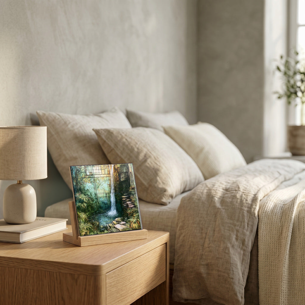 On the nightstand, catching the morning.