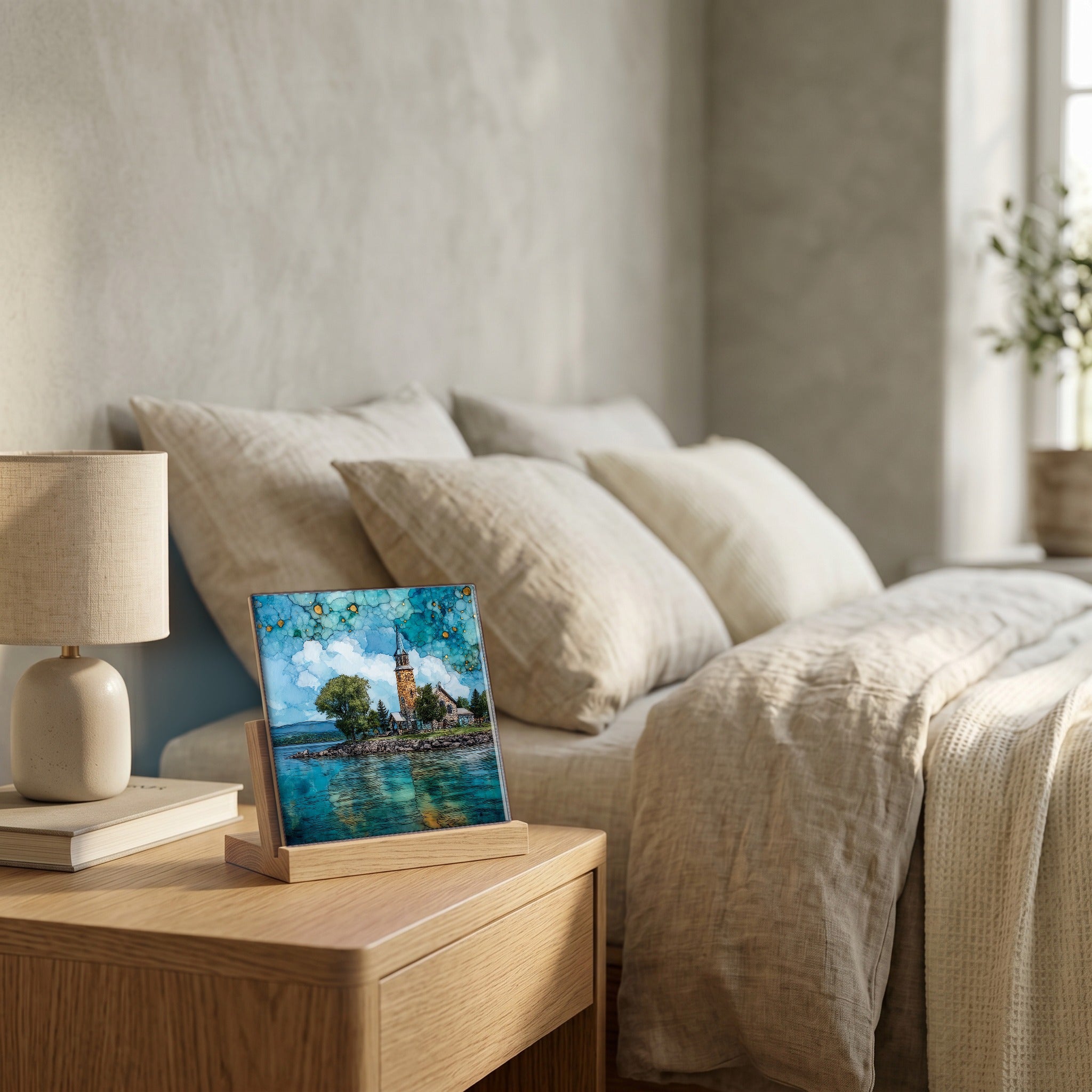 On the nightstand, catching the morning.