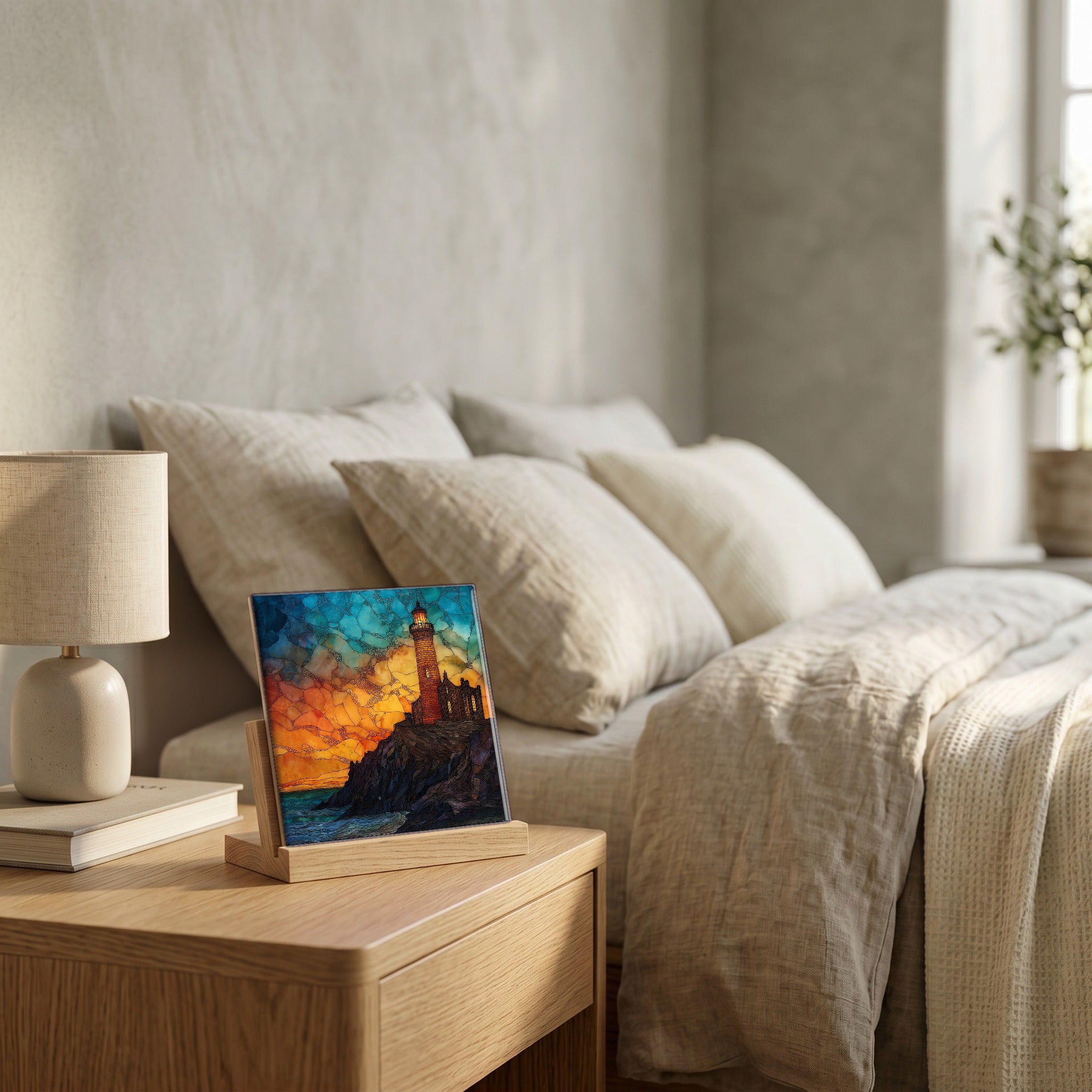 On the nightstand, on a light oak stand.