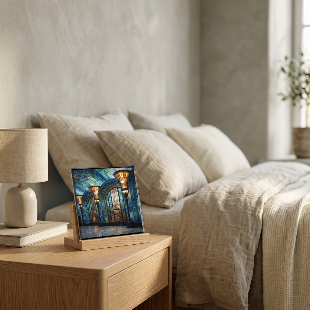 On the nightstand, catching the morning.