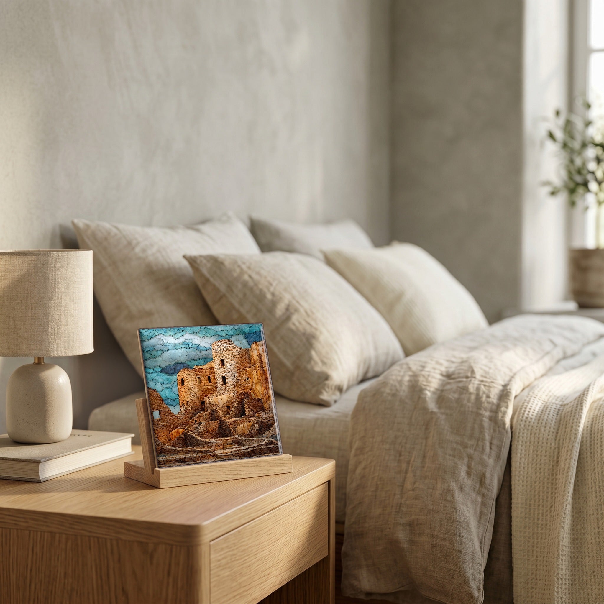 On the nightstand, catching the morning.
