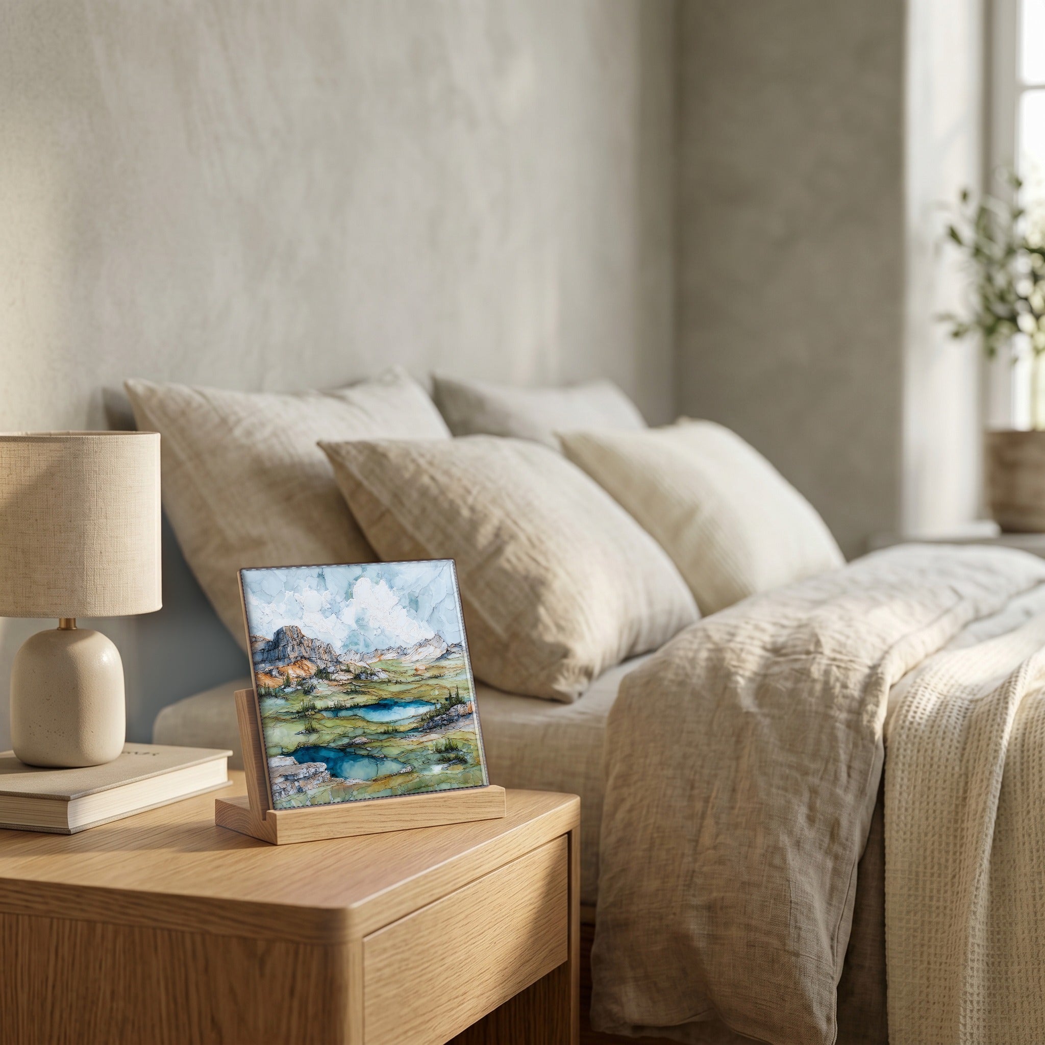 On the nightstand, catching the morning.