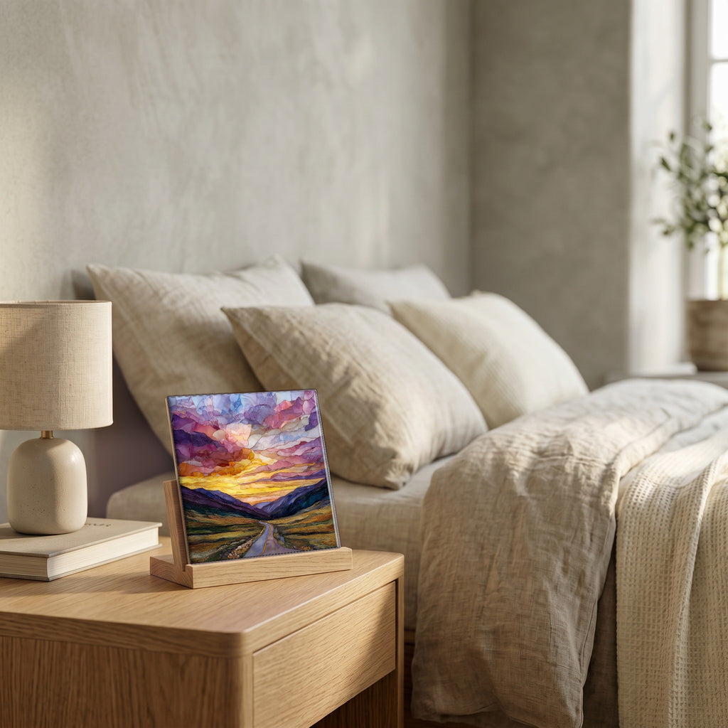On the nightstand, on a light oak stand.