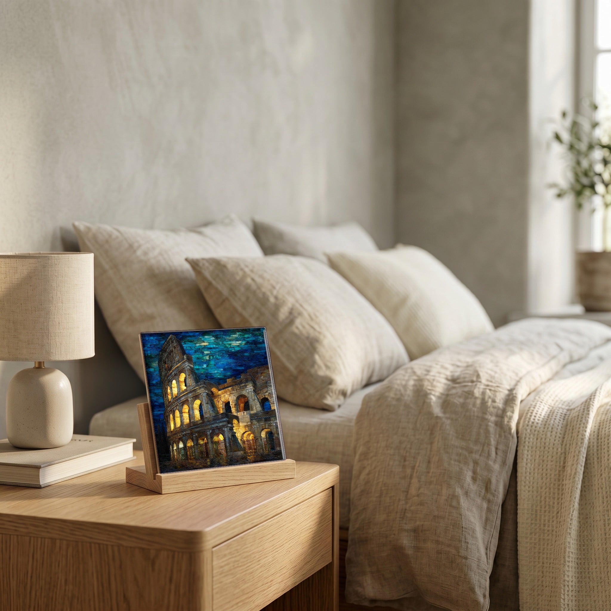 On the nightstand, catching the morning.