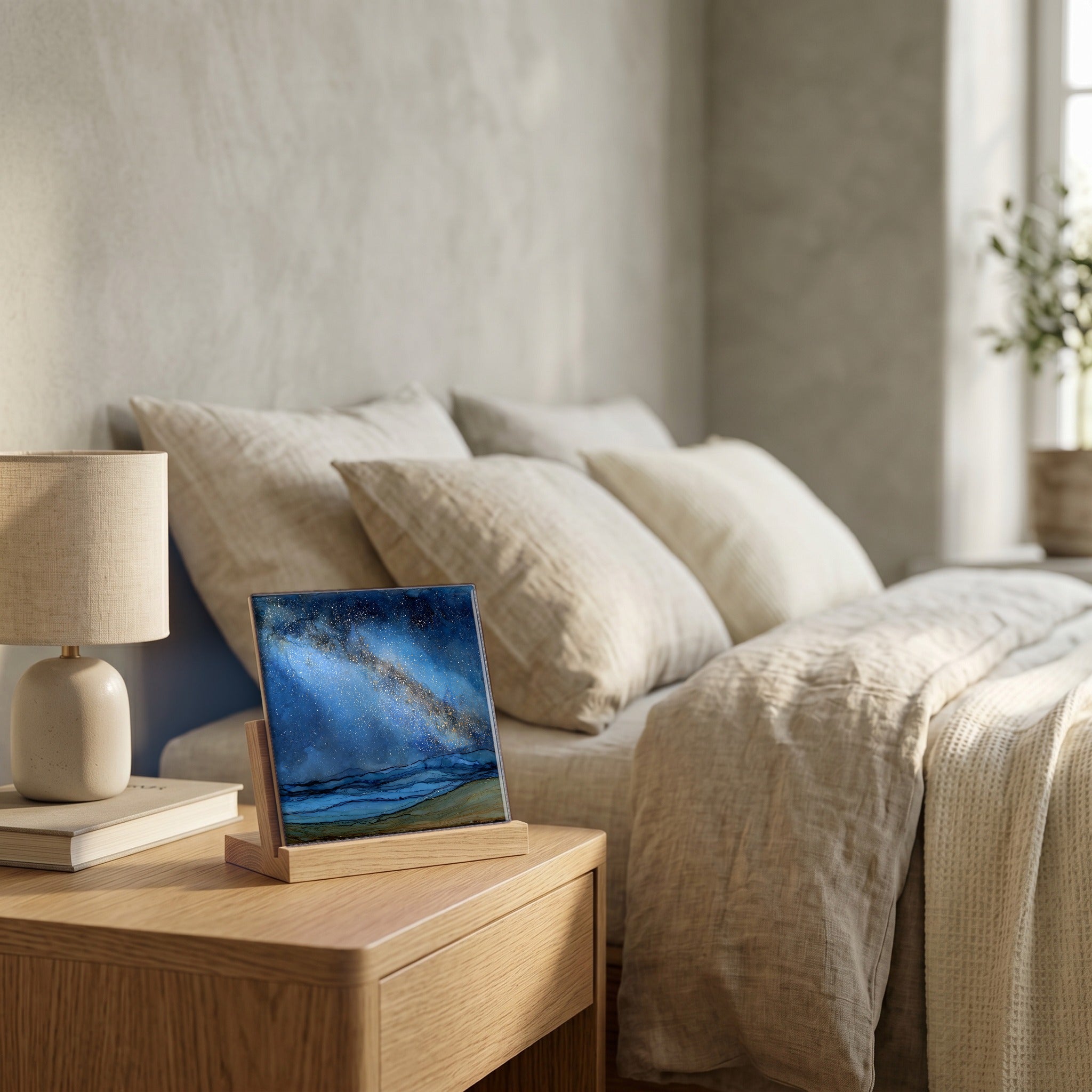 On the nightstand, catching the morning.