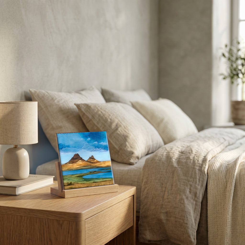 On the nightstand, catching the morning.