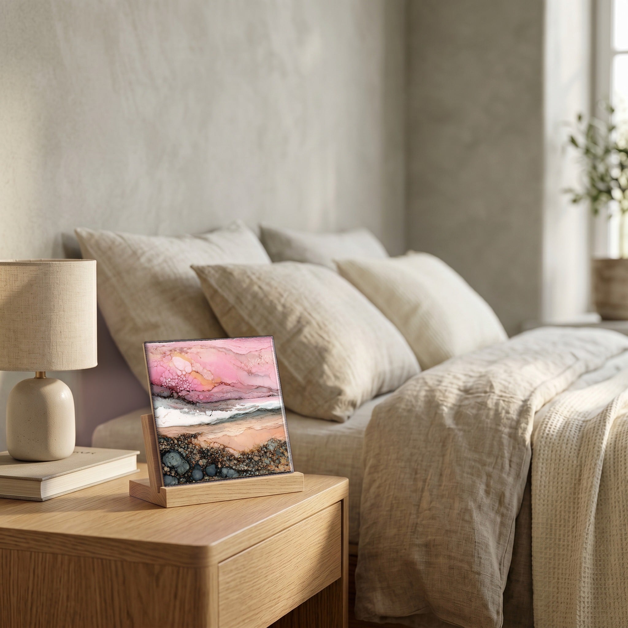 On the nightstand, catching the morning.