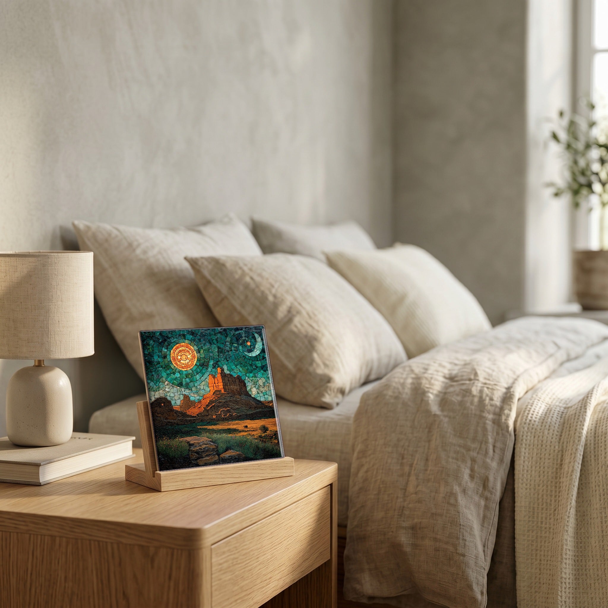 On the nightstand, catching the morning.