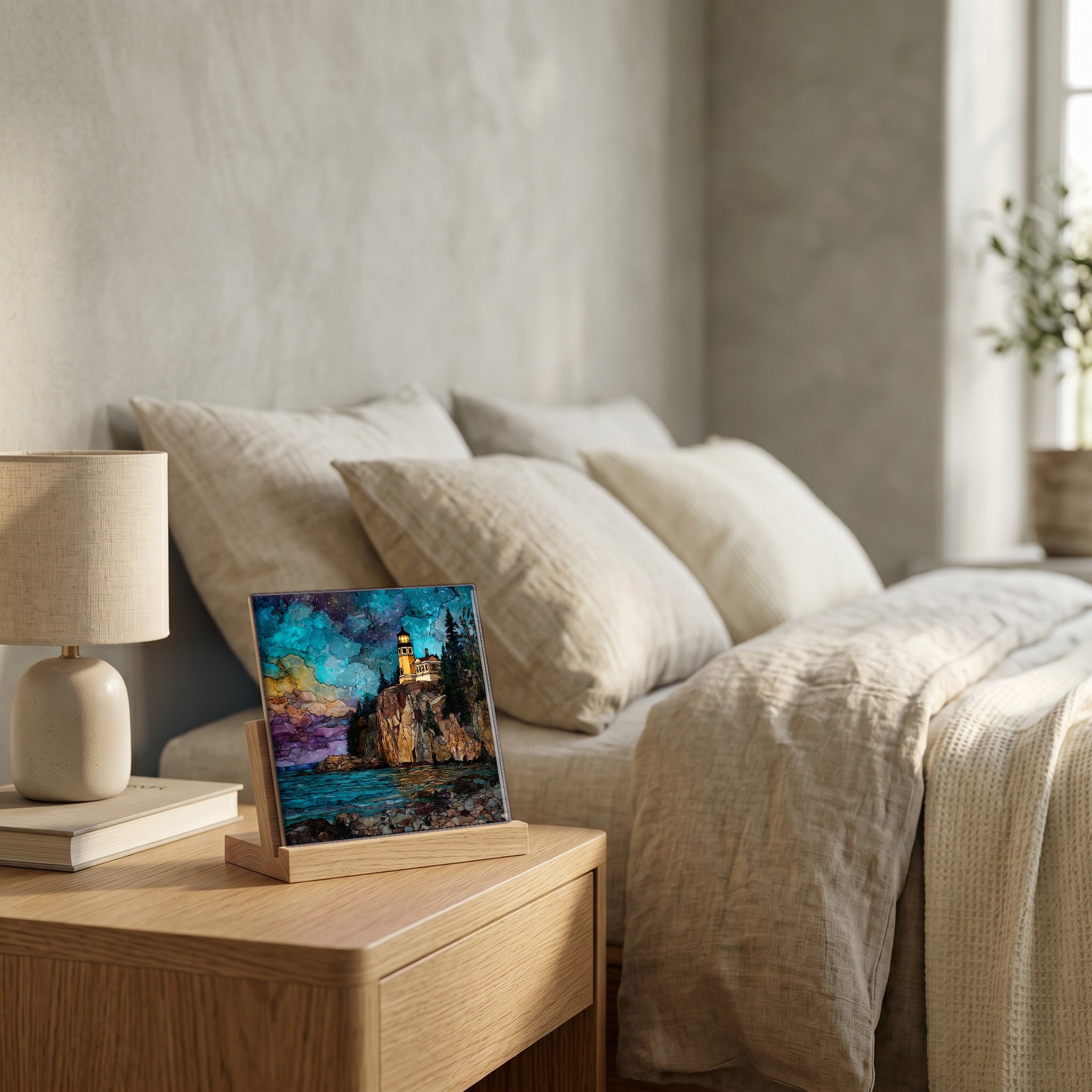 On the nightstand, catching the morning.