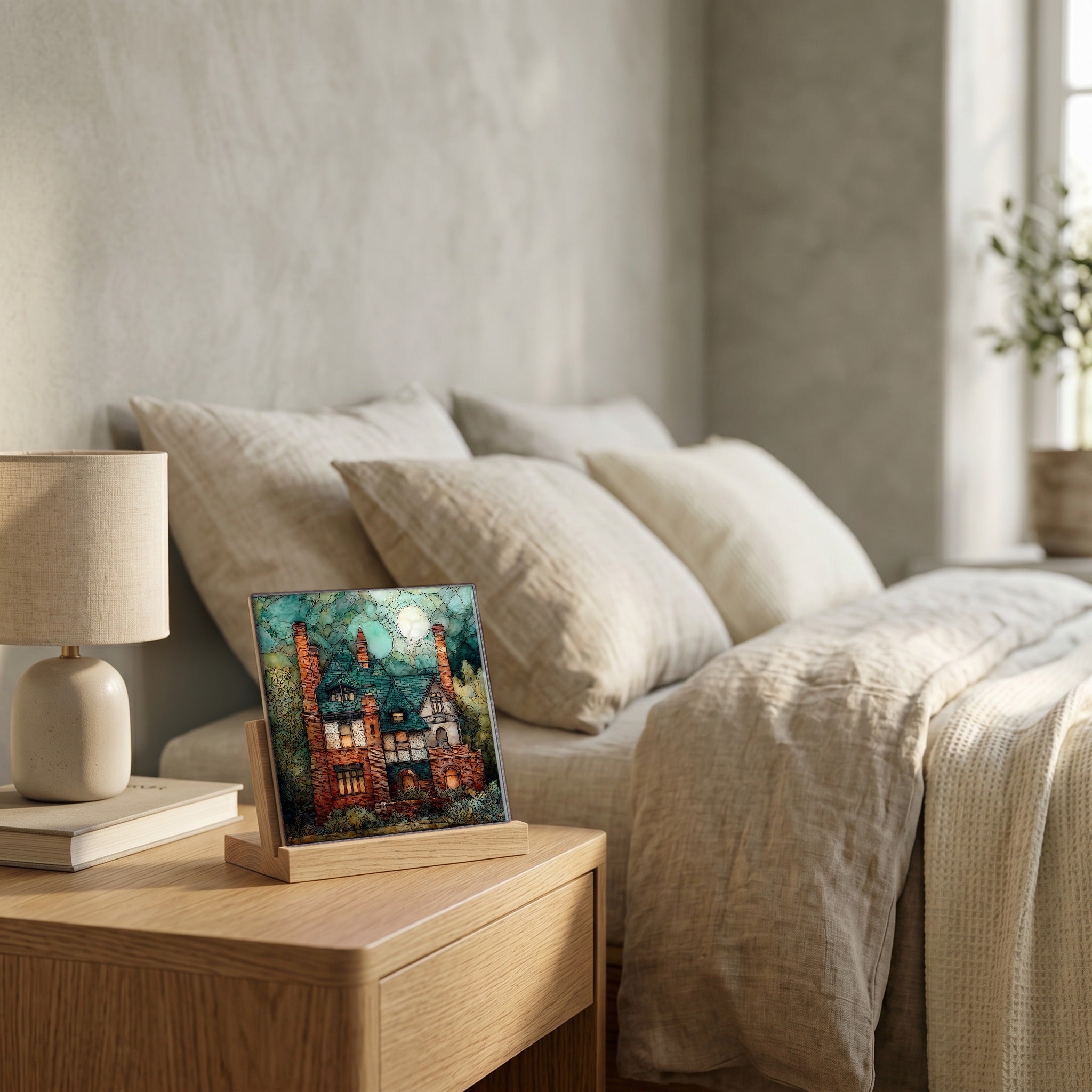 On the nightstand, catching the morning.