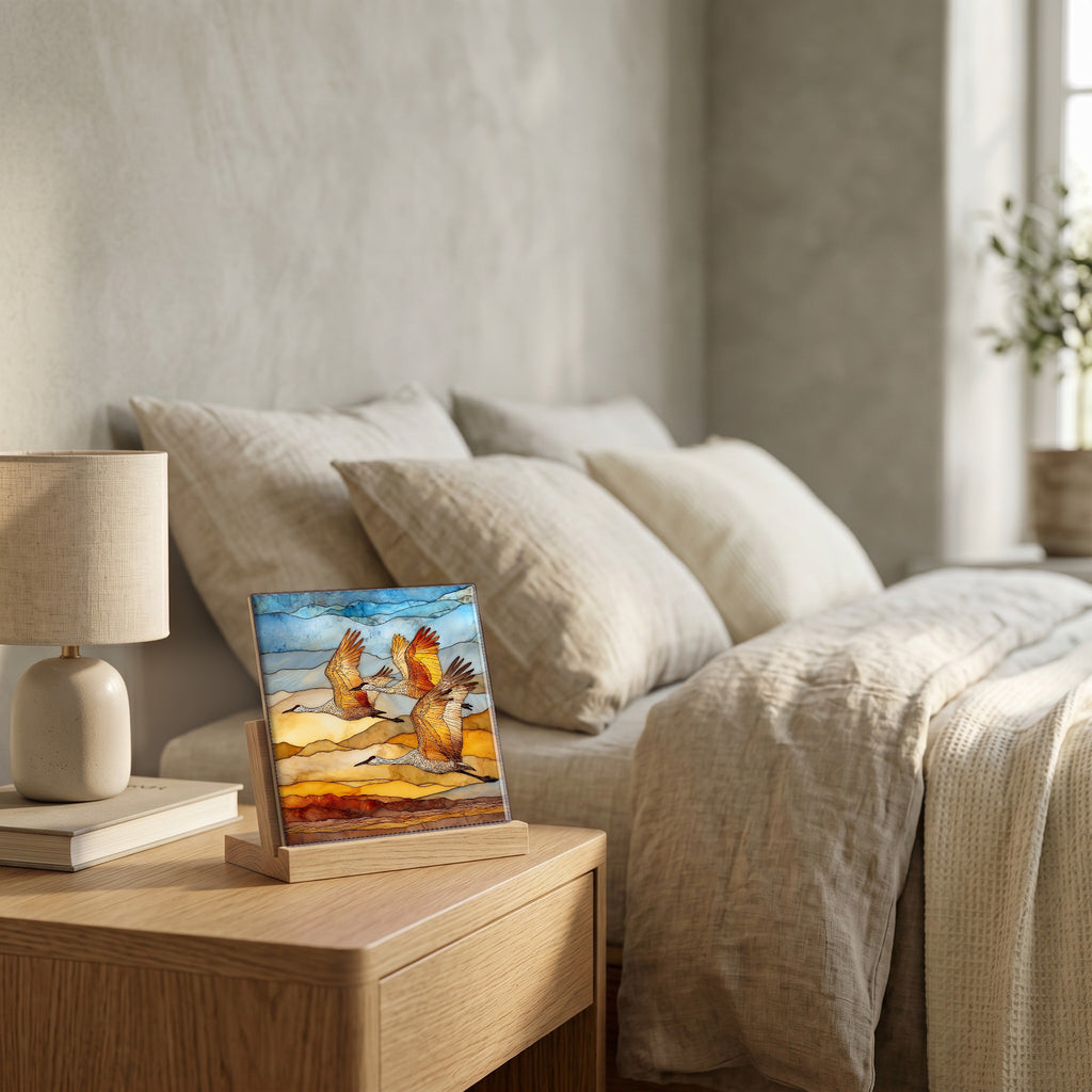 On the nightstand, catching the morning.