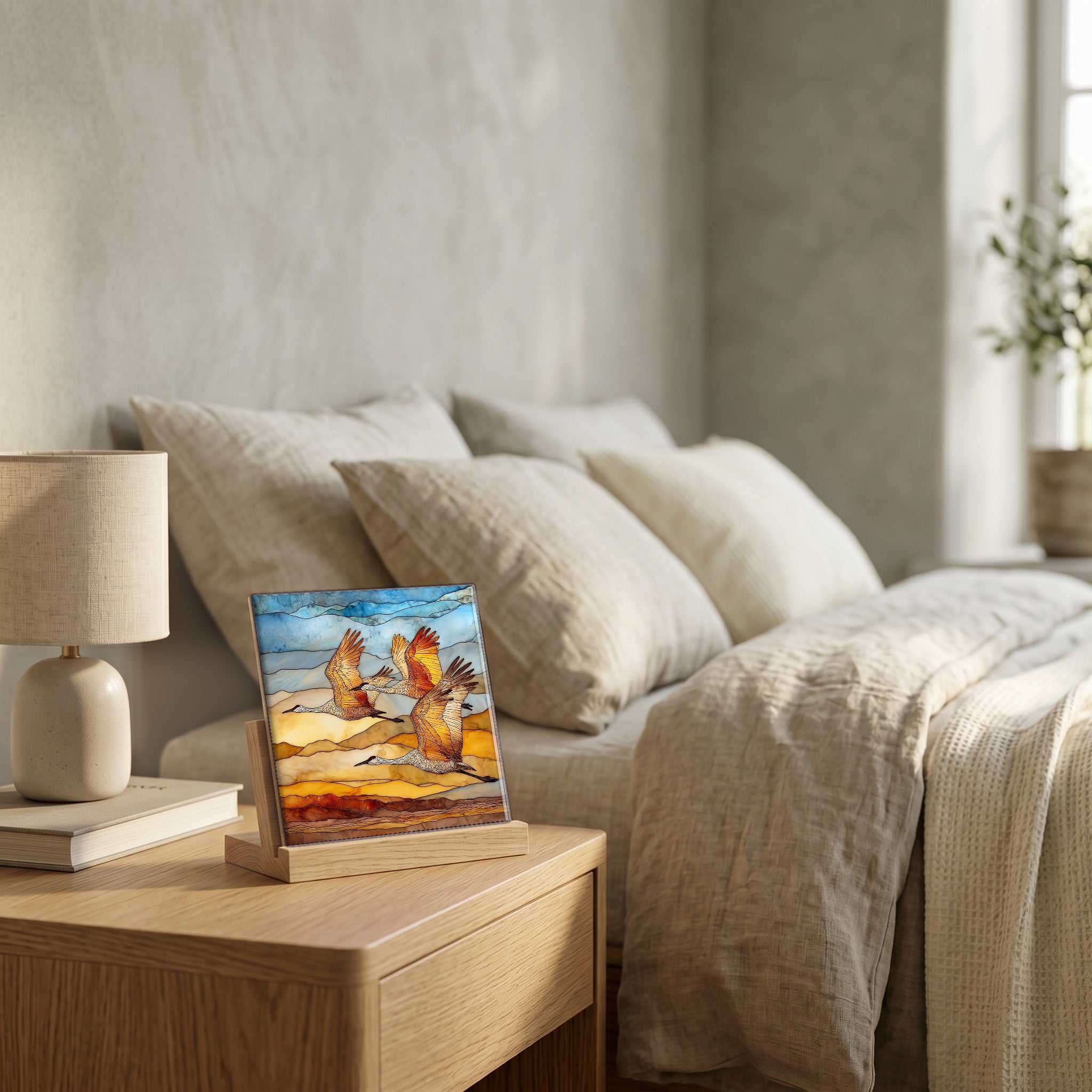 On the nightstand, catching the morning.