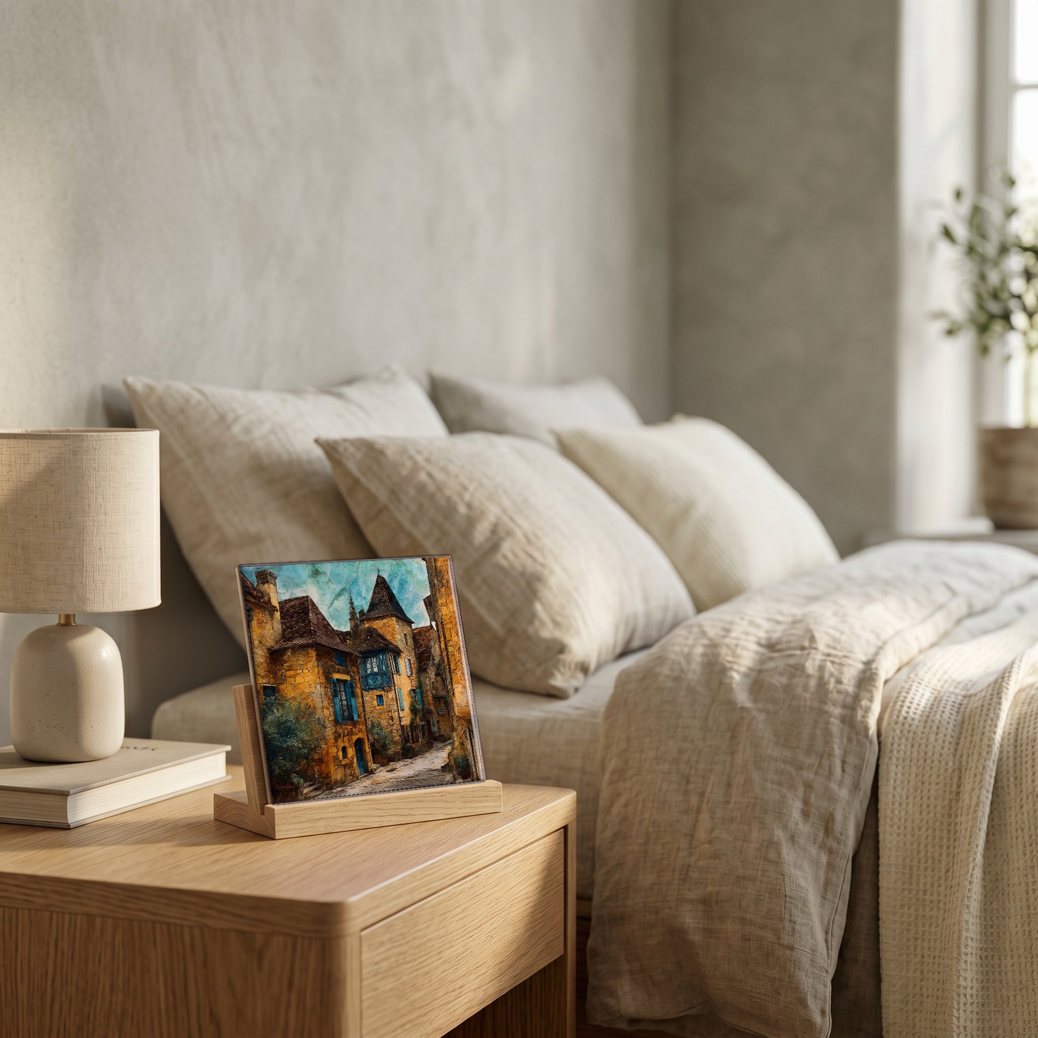 On the nightstand, on a light oak stand.
