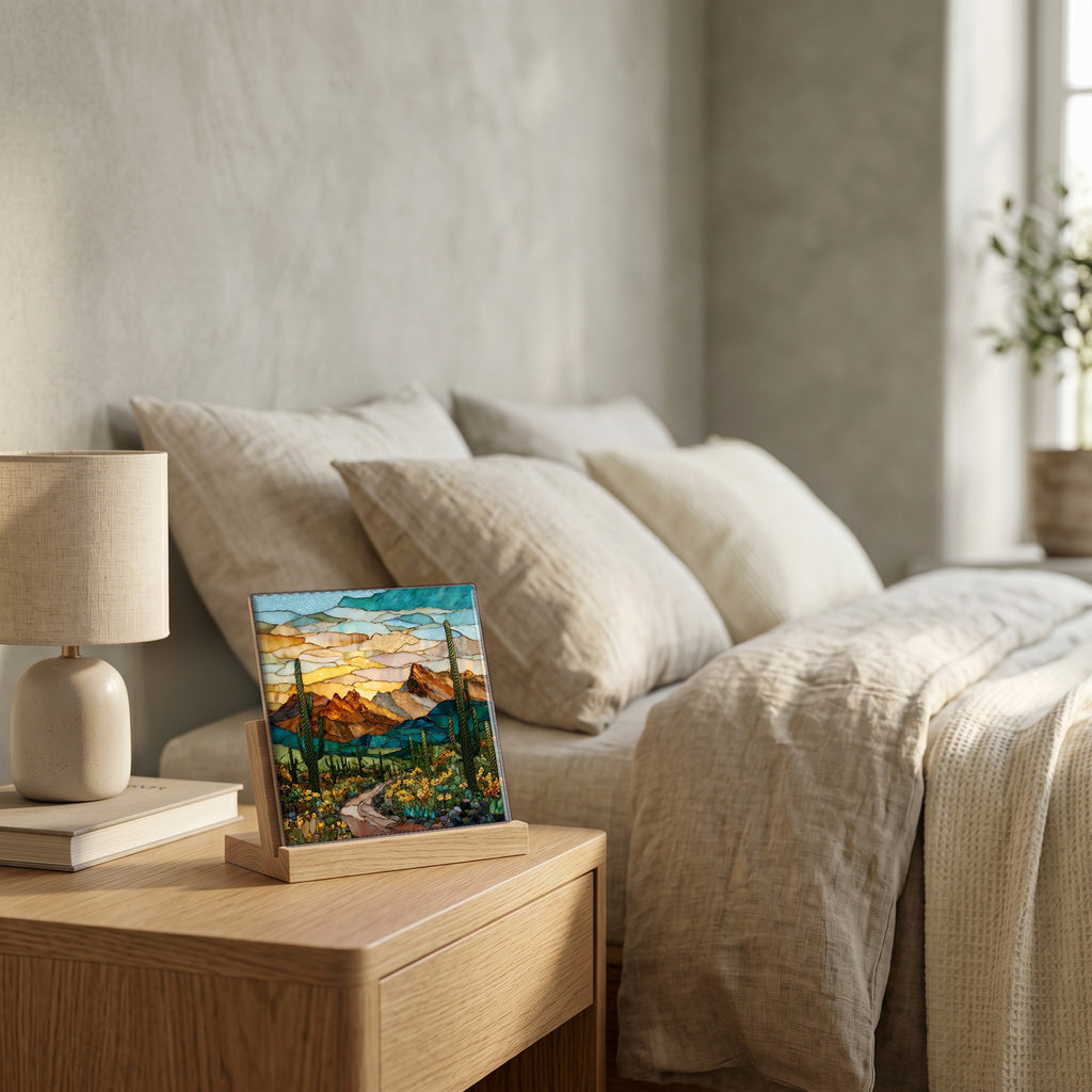 On the nightstand, catching the morning.