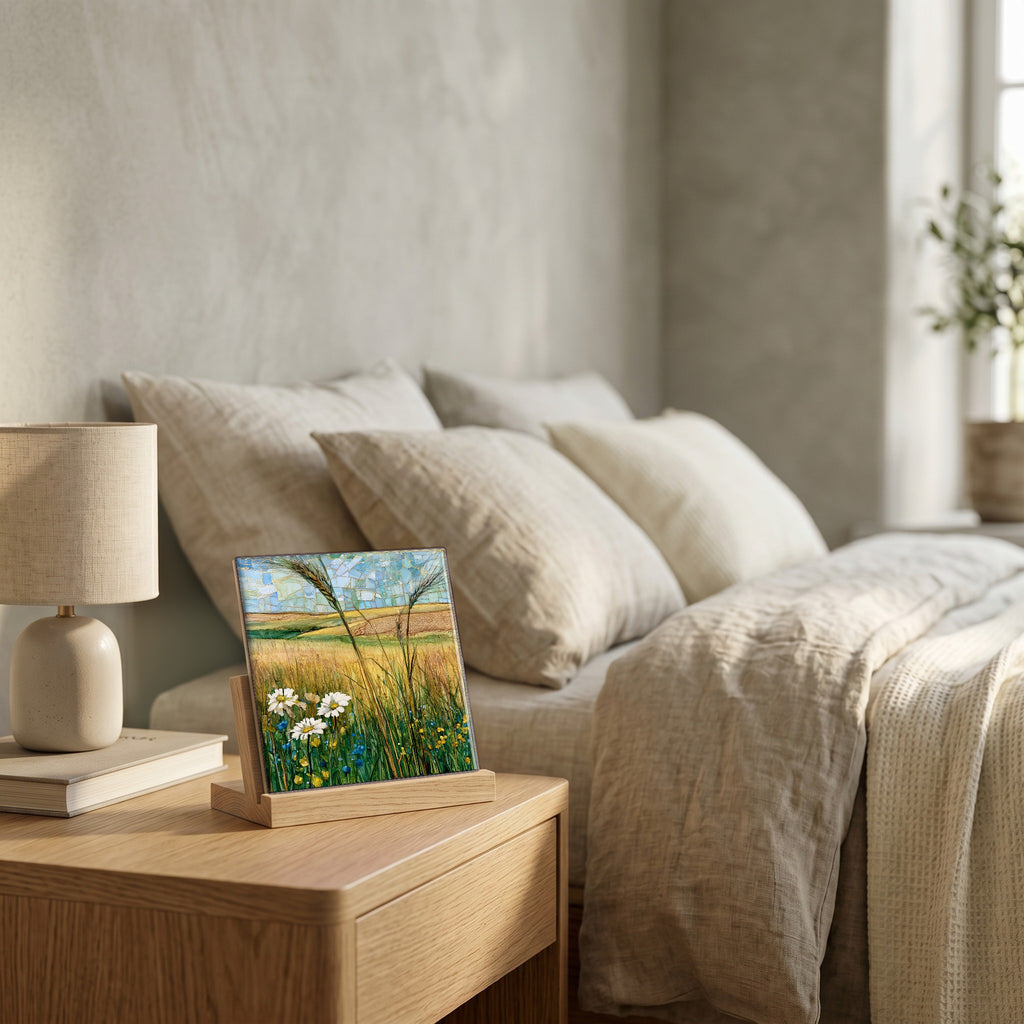 On the nightstand, catching the morning.