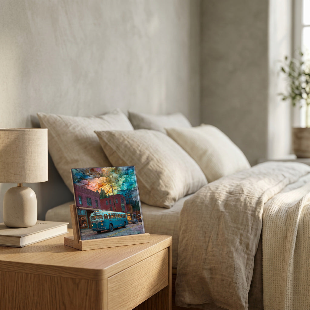 On the nightstand, catching the morning.