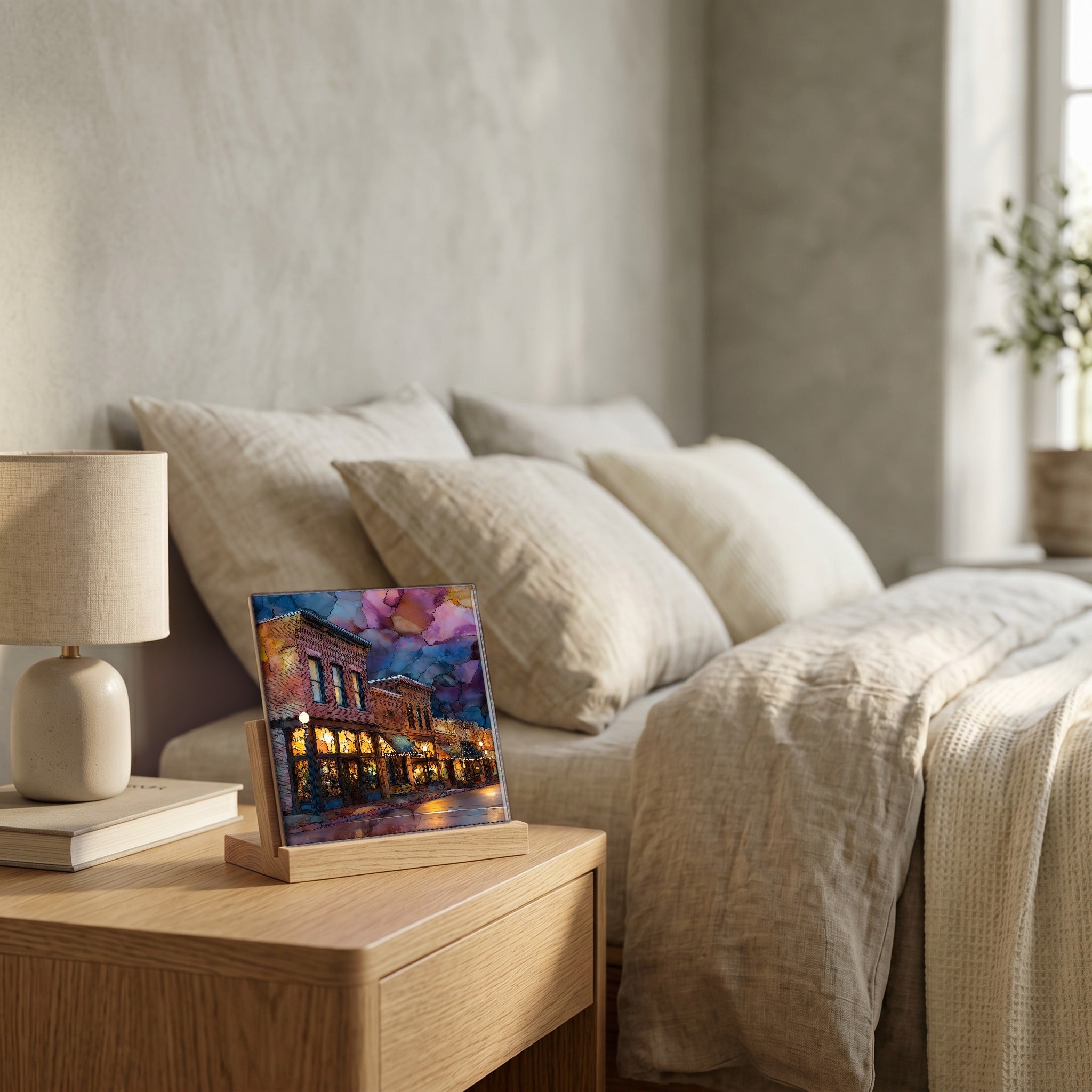 On the nightstand, catching the morning.