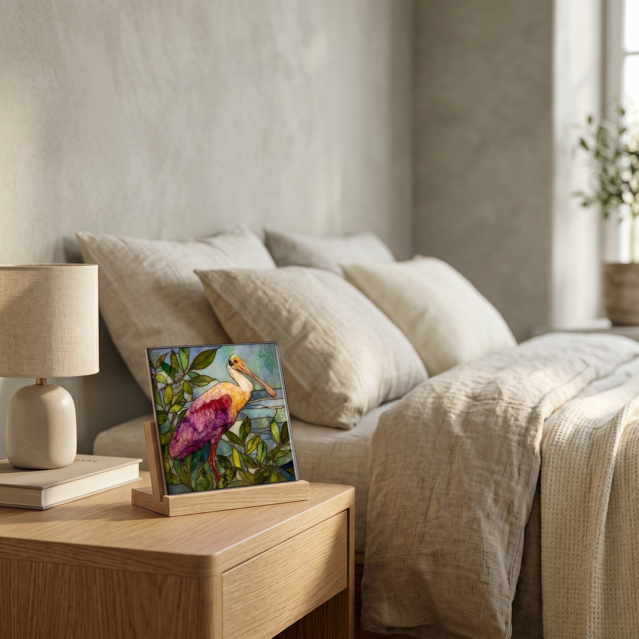 On the nightstand, catching the morning.