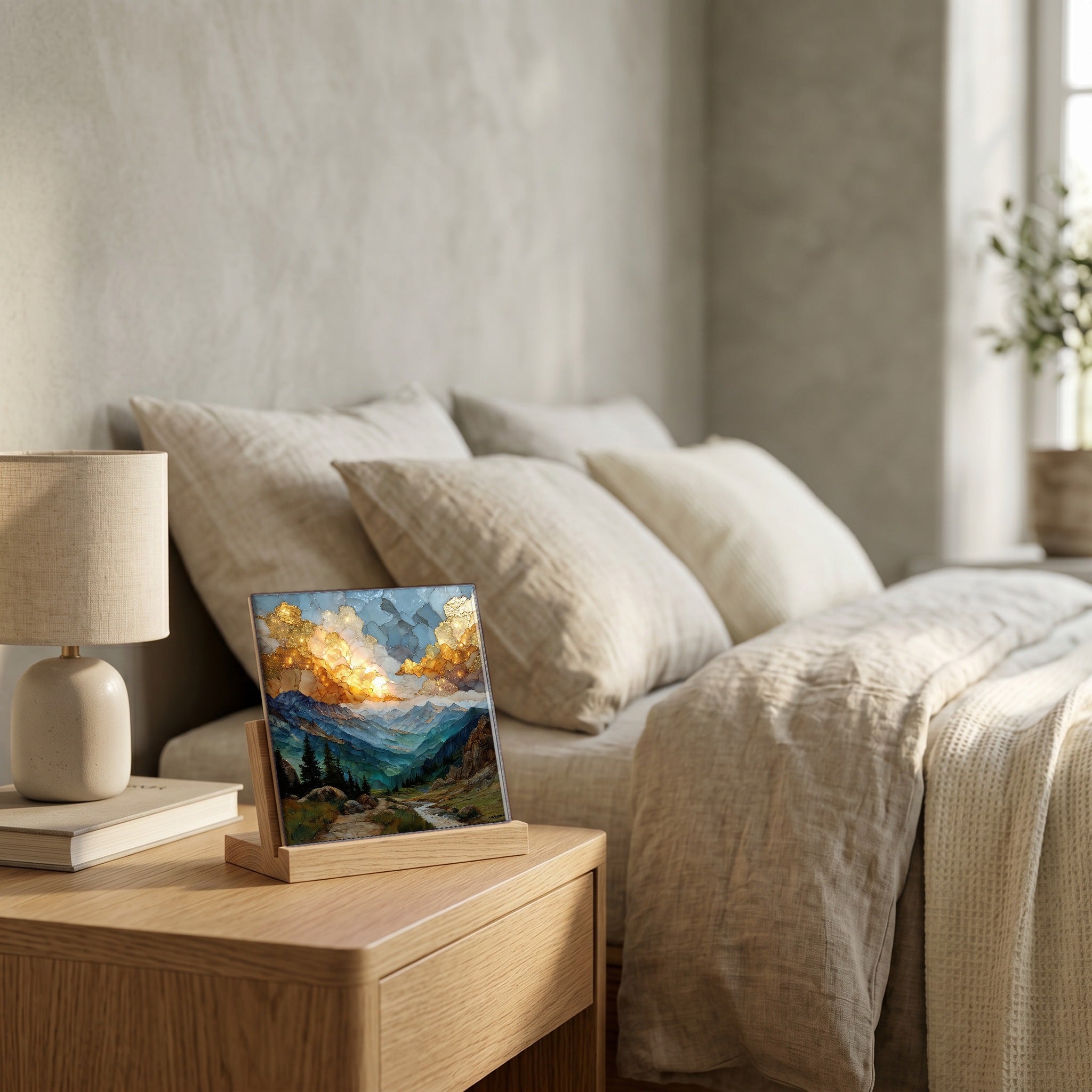 On the nightstand, catching the morning.