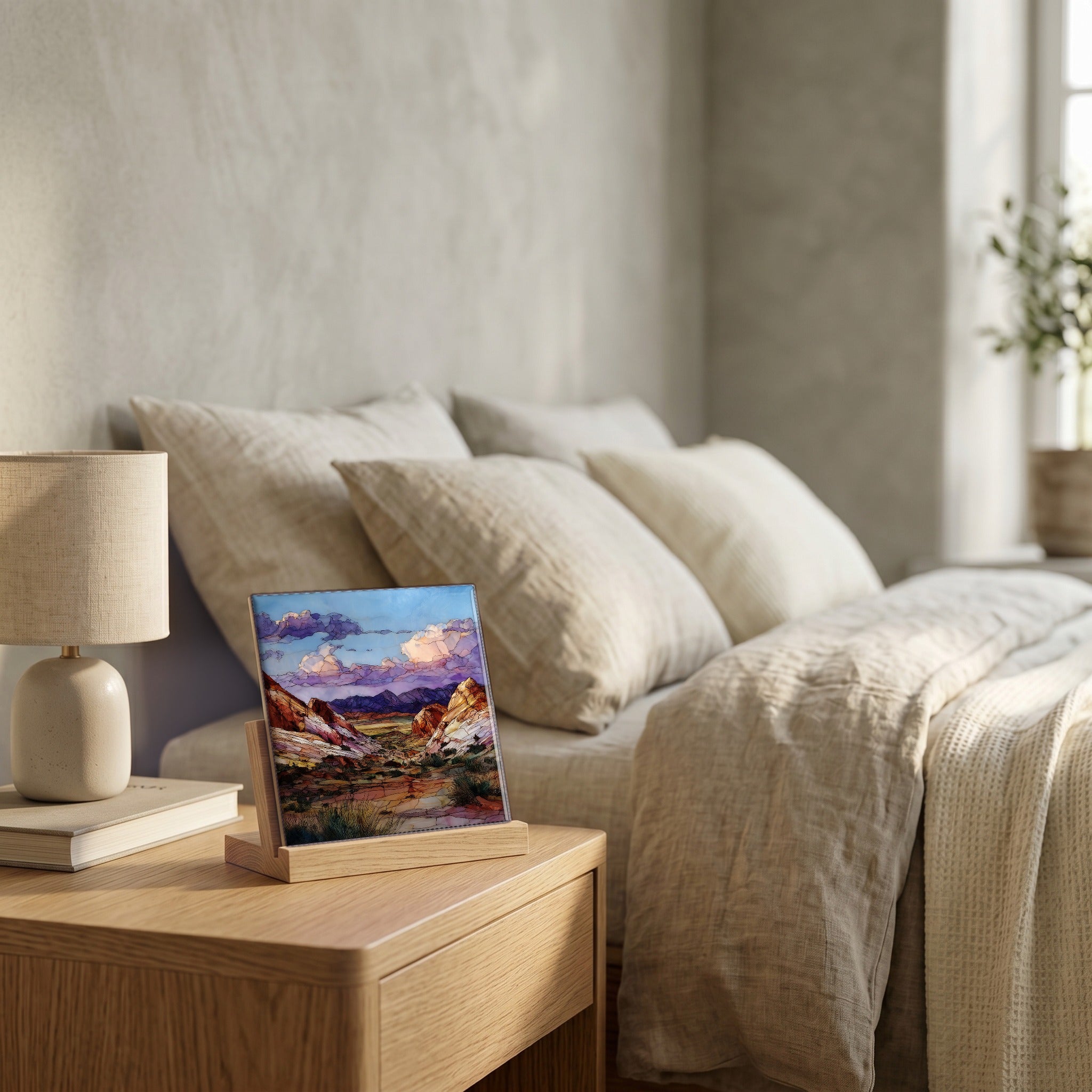 On the nightstand, catching the morning.