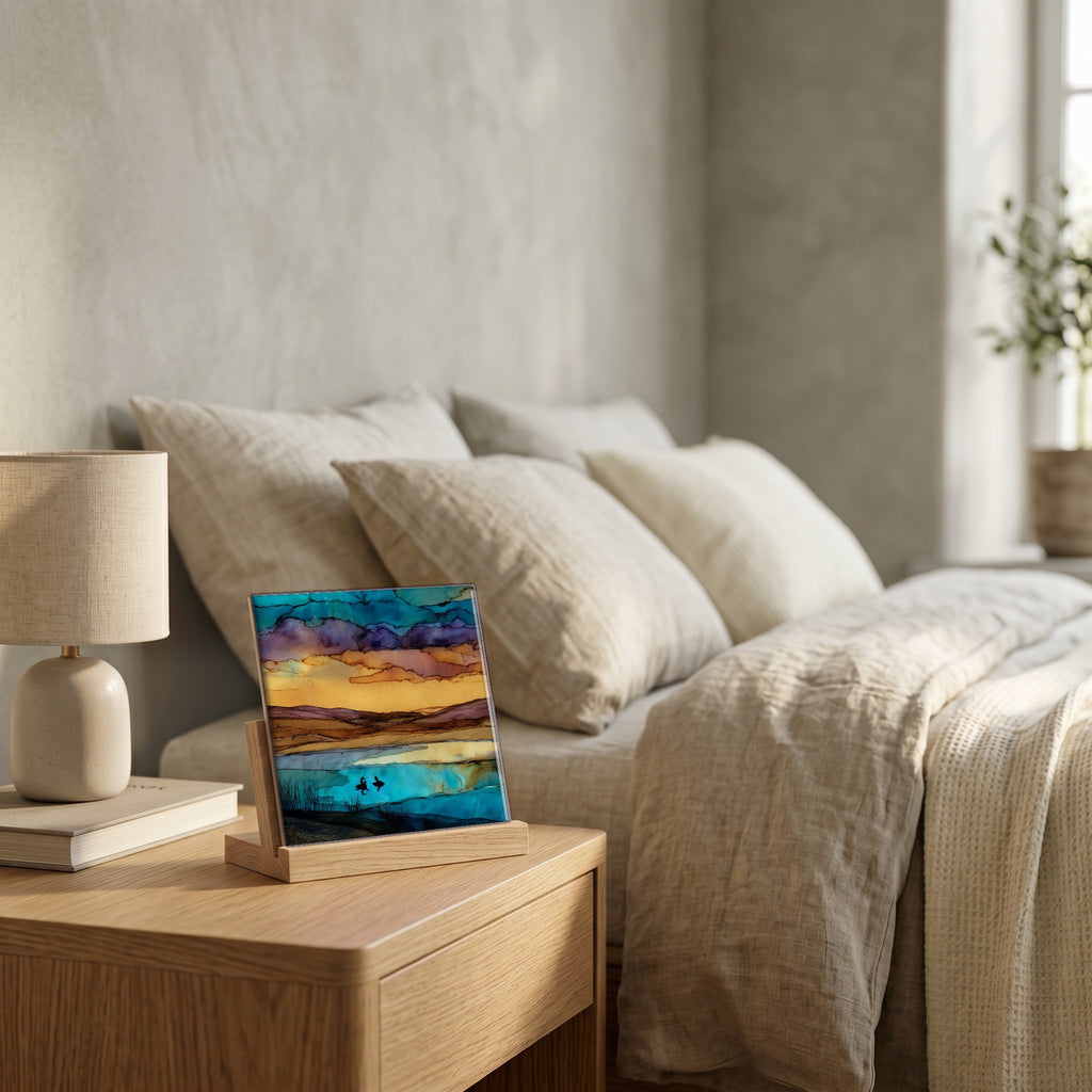 On the nightstand, catching the morning.