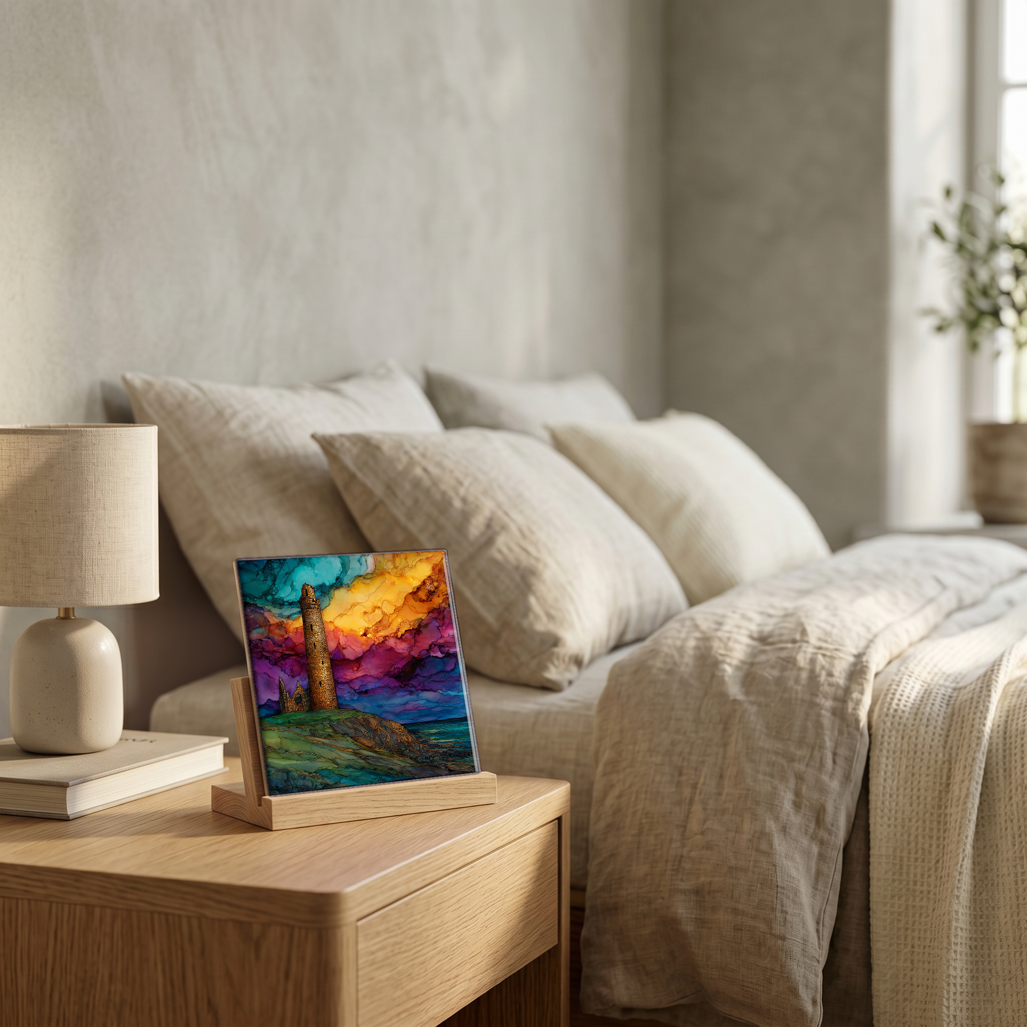 On the nightstand, on a light oak stand.