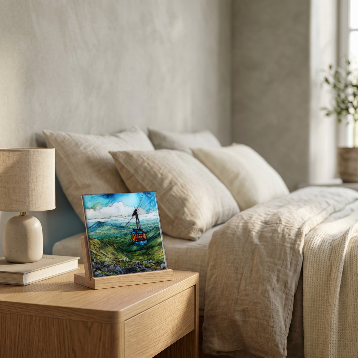 On the nightstand, catching the morning.