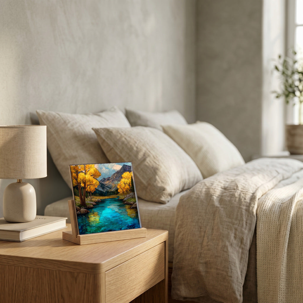 On the nightstand, catching the morning.