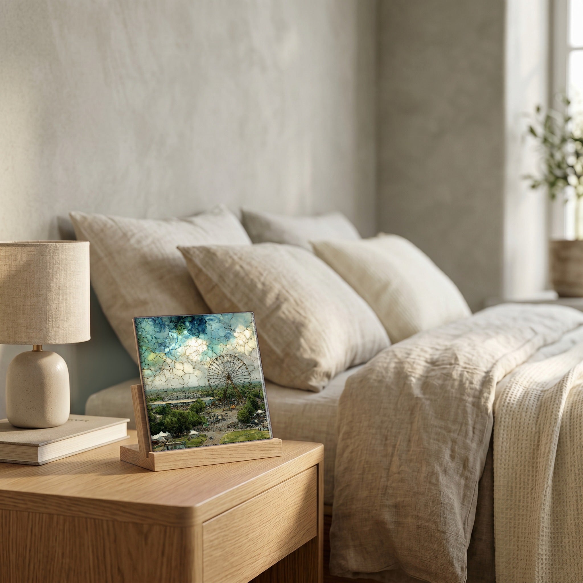 On the nightstand, catching the morning.